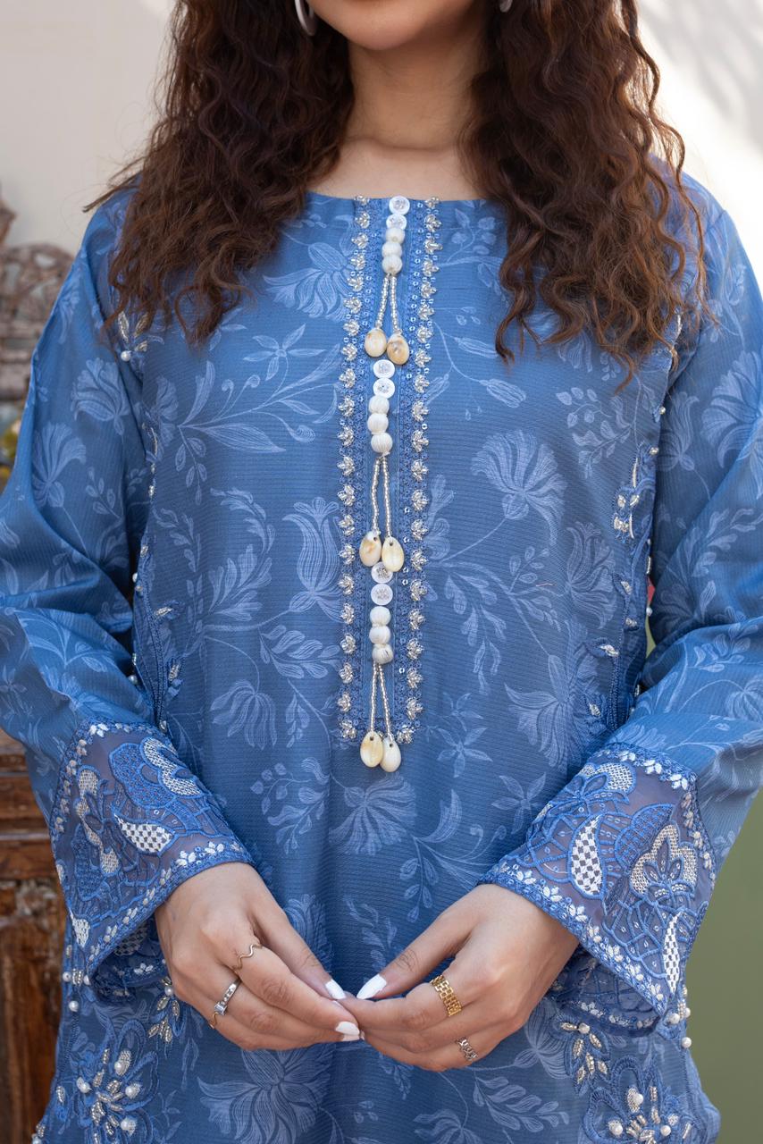 3 Piece Luxury Embroidered Cambric Blue Suit