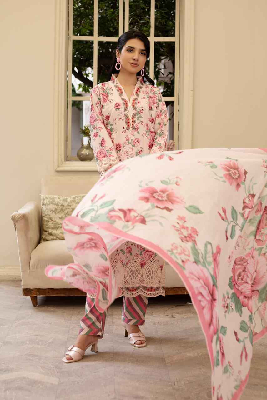 3 Piece Luxury Chikankari Cambric Blush Pink Suit