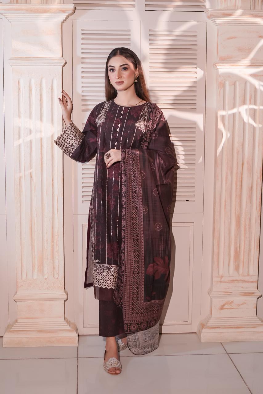 Maroon Embroidered Khaddar 3 Piece Suit