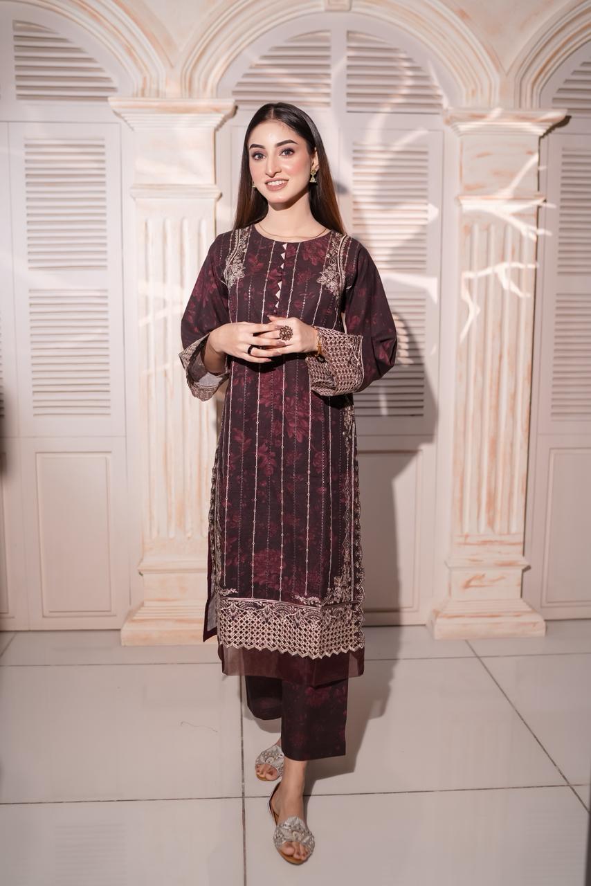 Maroon Embroidered Khaddar 3 Piece Suit