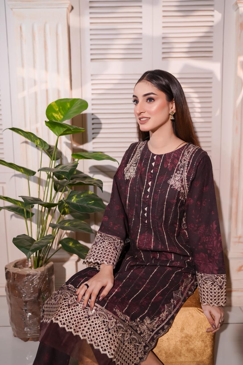 Maroon Embroidered Khaddar 3 Piece Suit
