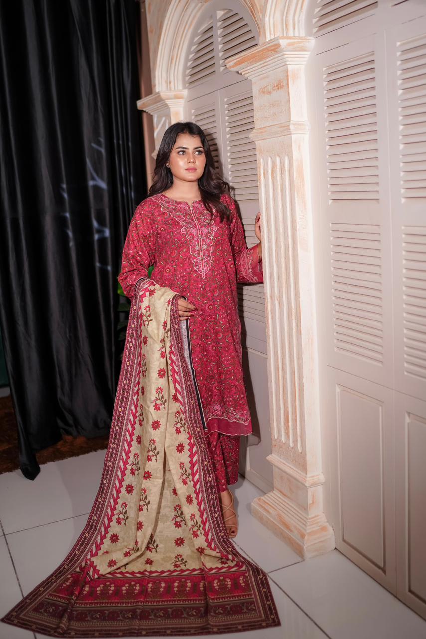 Deep Pink 3 Piece Khaddar Winter Suit