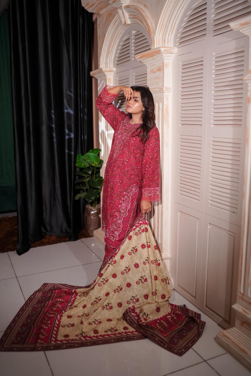 Deep Pink 3 Piece Khaddar Winter Suit