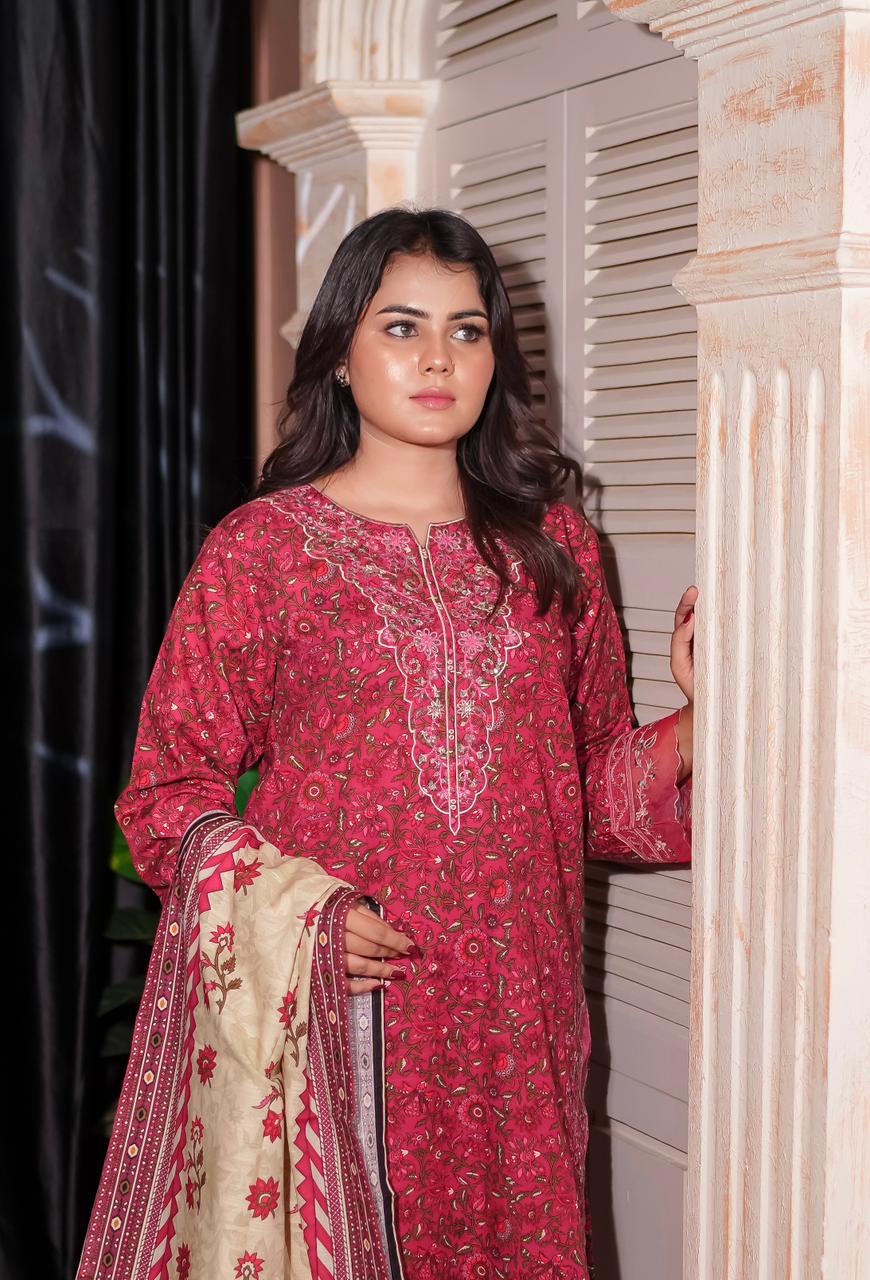 Deep Pink 3 Piece Khaddar Winter Suit