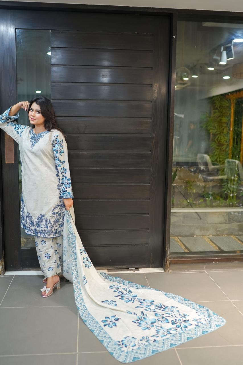 Ash Gray with Blue 3 Piece Khaddar Suit