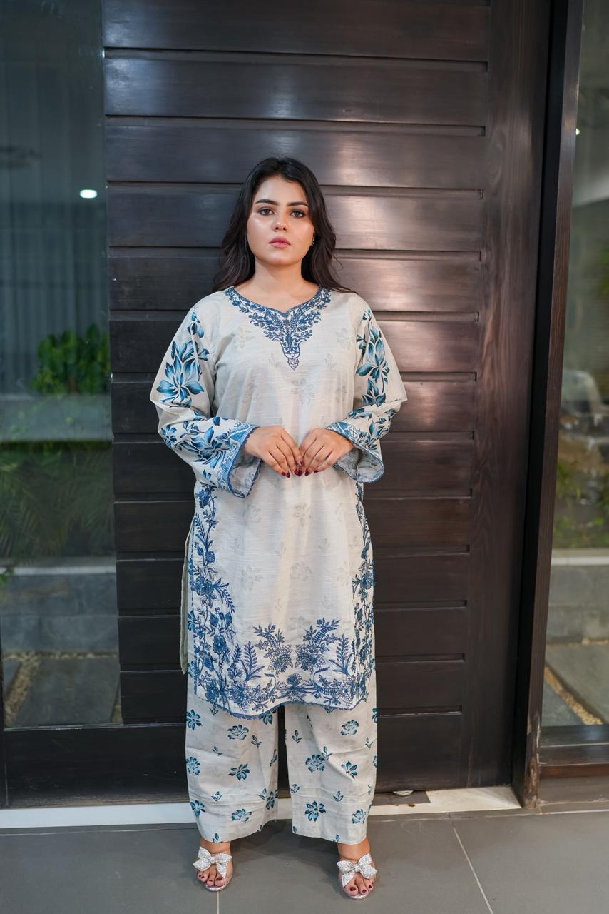 Ash Gray with Blue 3 Piece Khaddar Suit