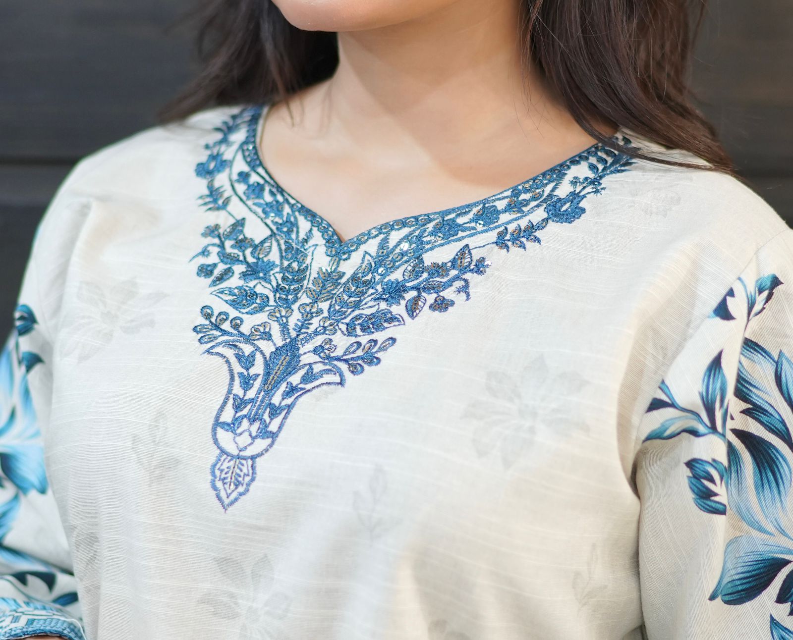 Ash Gray with Blue 3 Piece Khaddar Suit