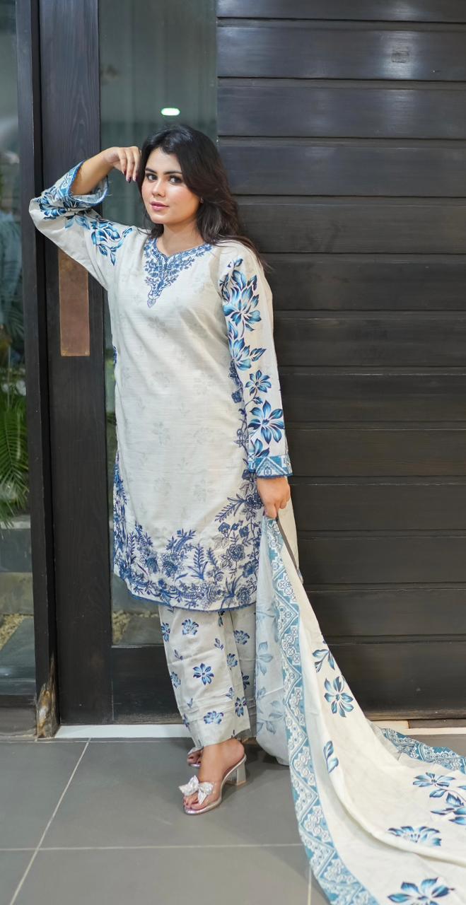 Ash Gray with Blue 3 Piece Khaddar Suit