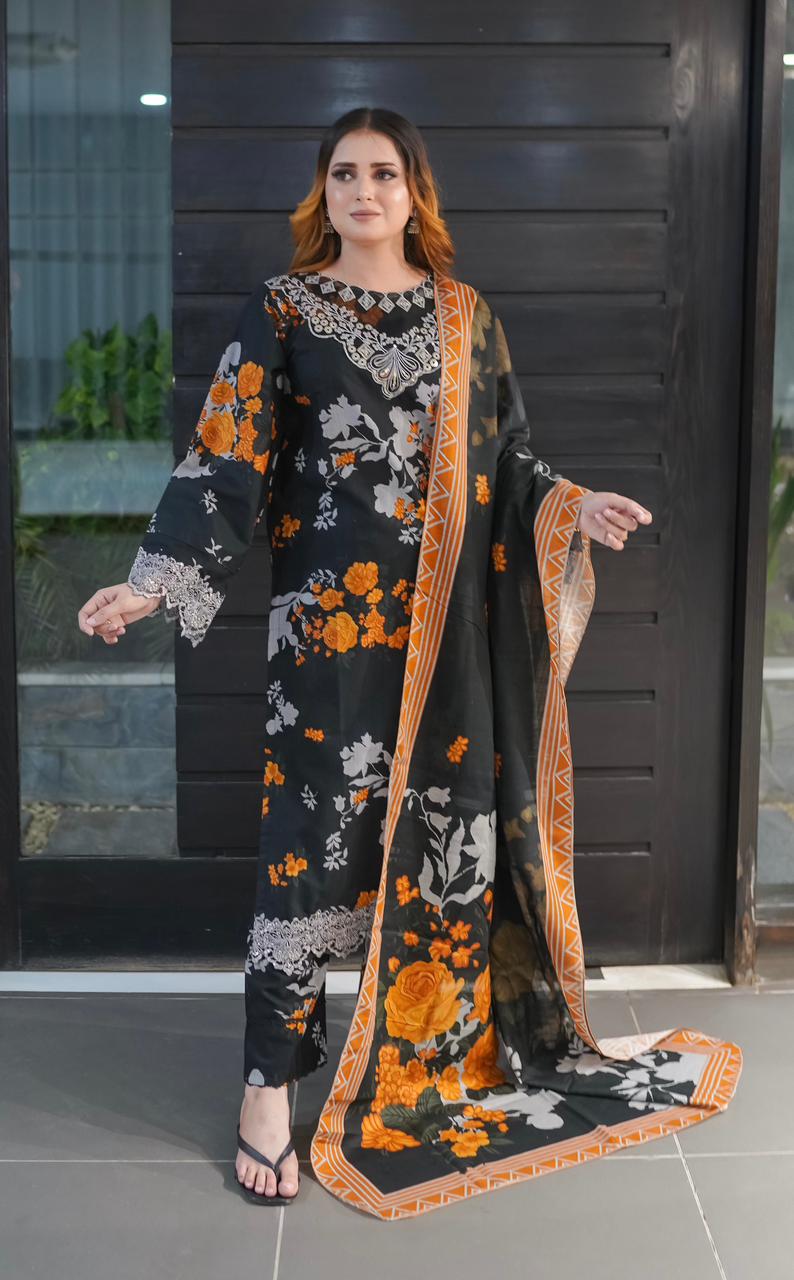 Black Luxury Embroidered Khaddar 3 Piece Suit
