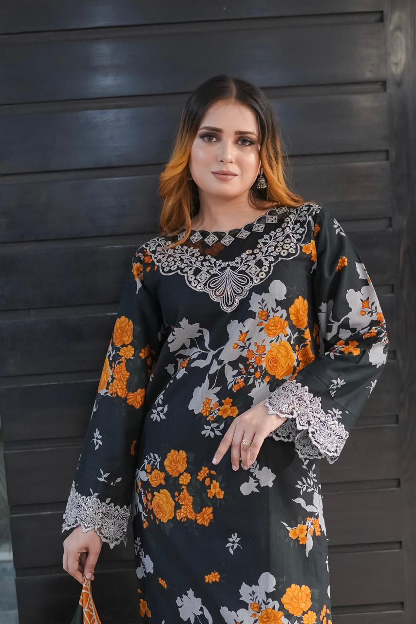 Black Luxury Embroidered Khaddar 3 Piece Suit