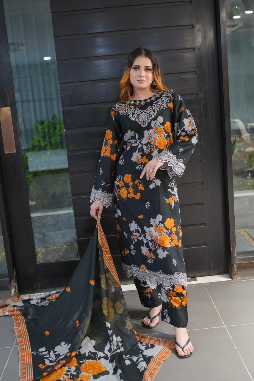 Black Luxury Embroidered Khaddar 3 Piece Suit