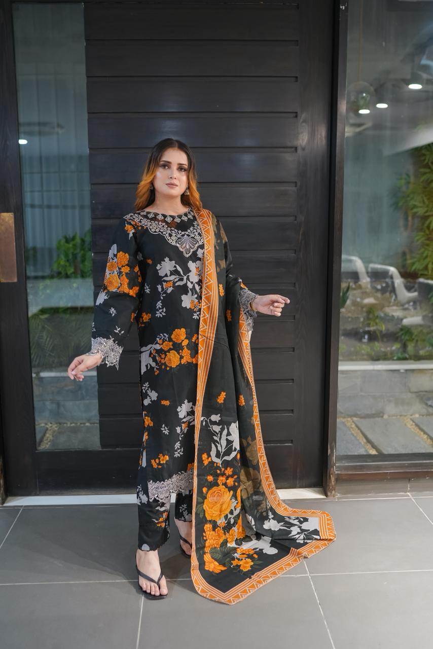 Black Luxury Embroidered Khaddar 3 Piece Suit