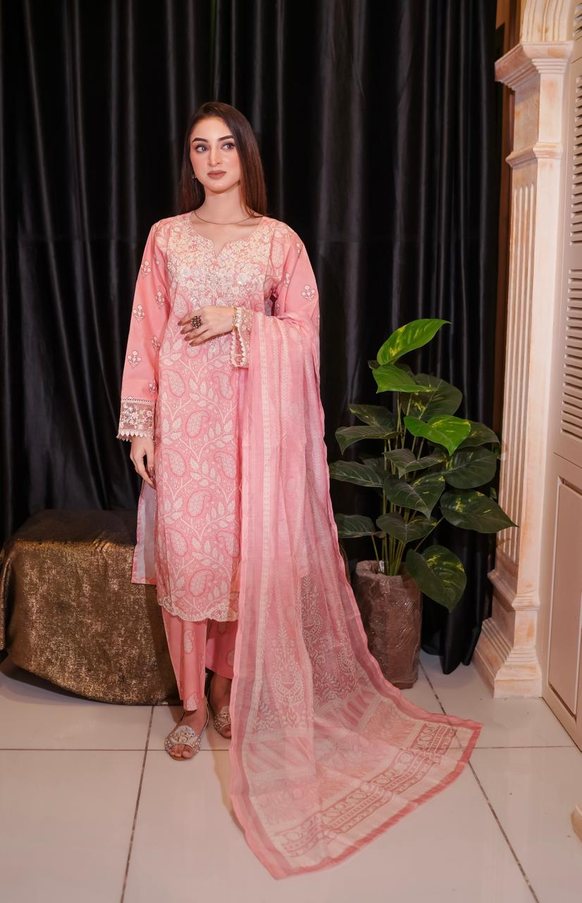 Blush Pink Luxury Embroidered Cambric 3 Piece Suit