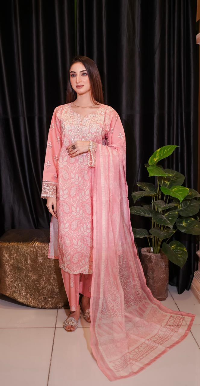 Blush Pink Luxury Embroidered Cambric 3 Piece Suit
