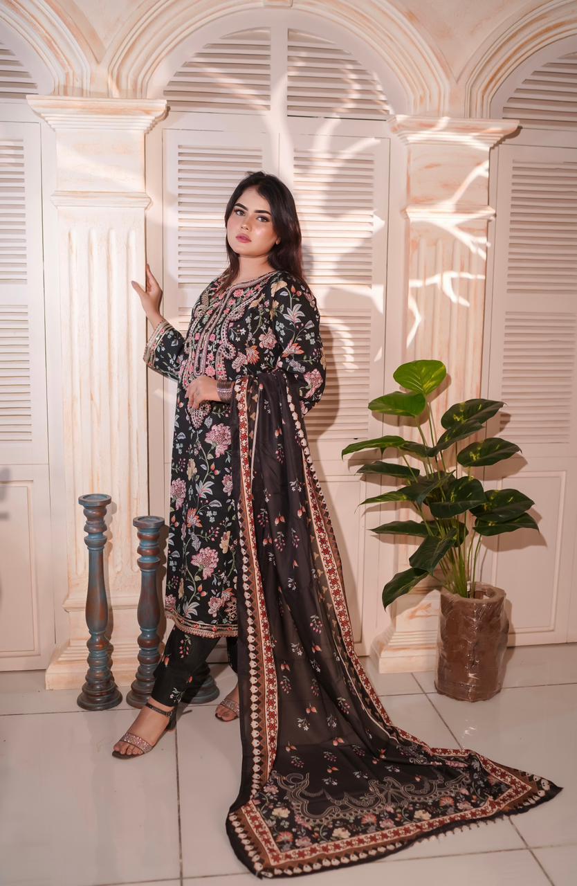 Black Embroidered Cambric 3 Piece Suit