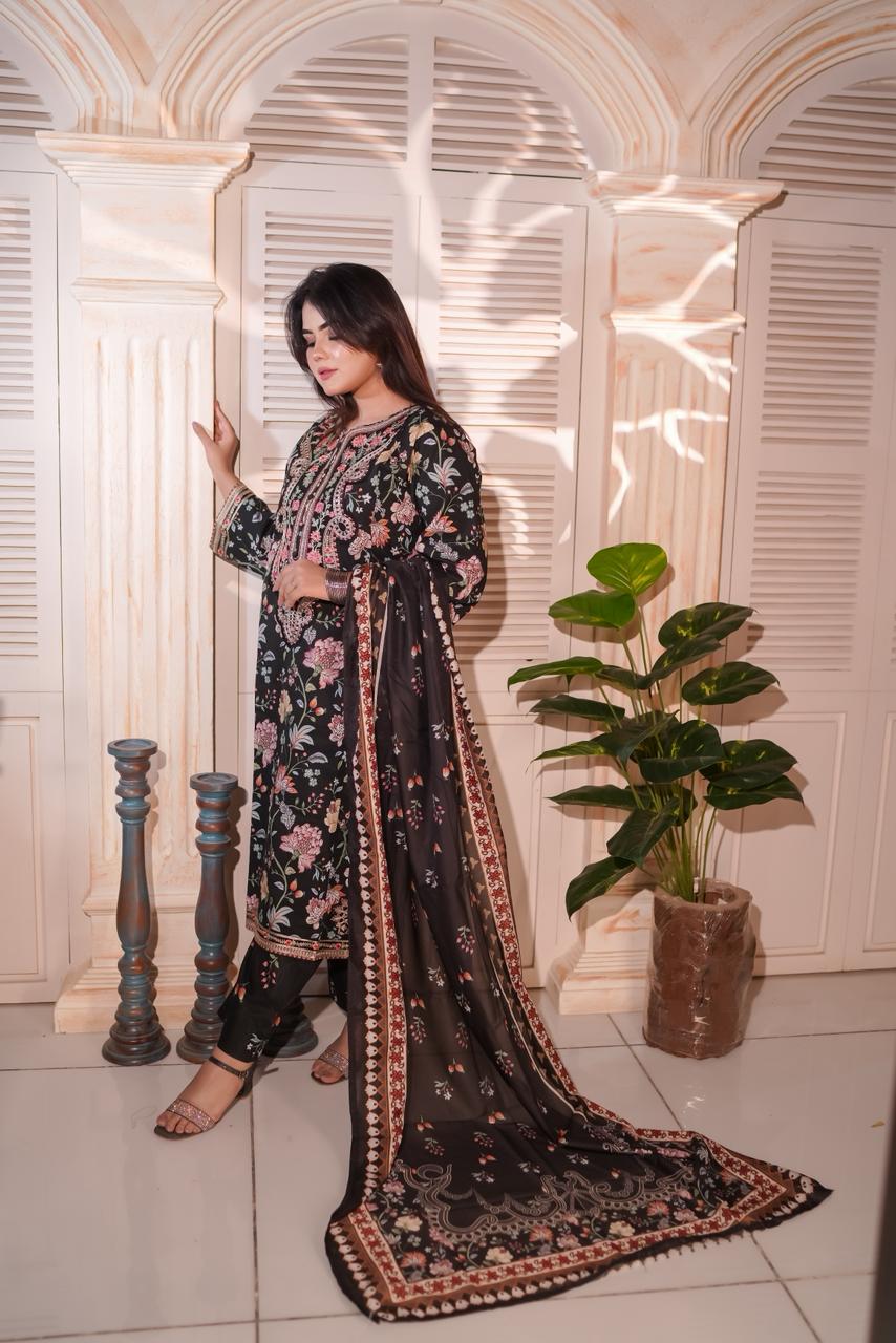 Black Embroidered Cambric 3 Piece Suit