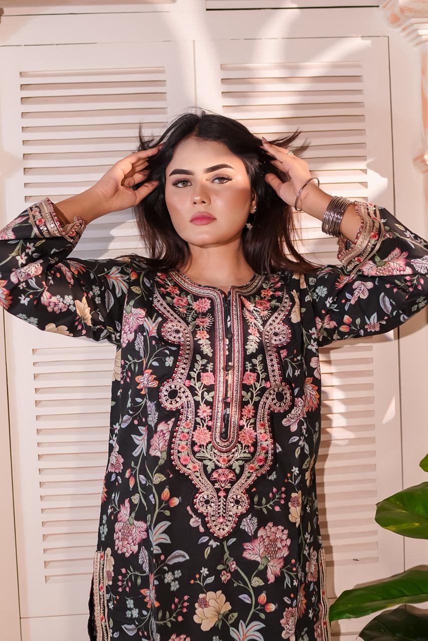 Black Embroidered Cambric 3 Piece Suit