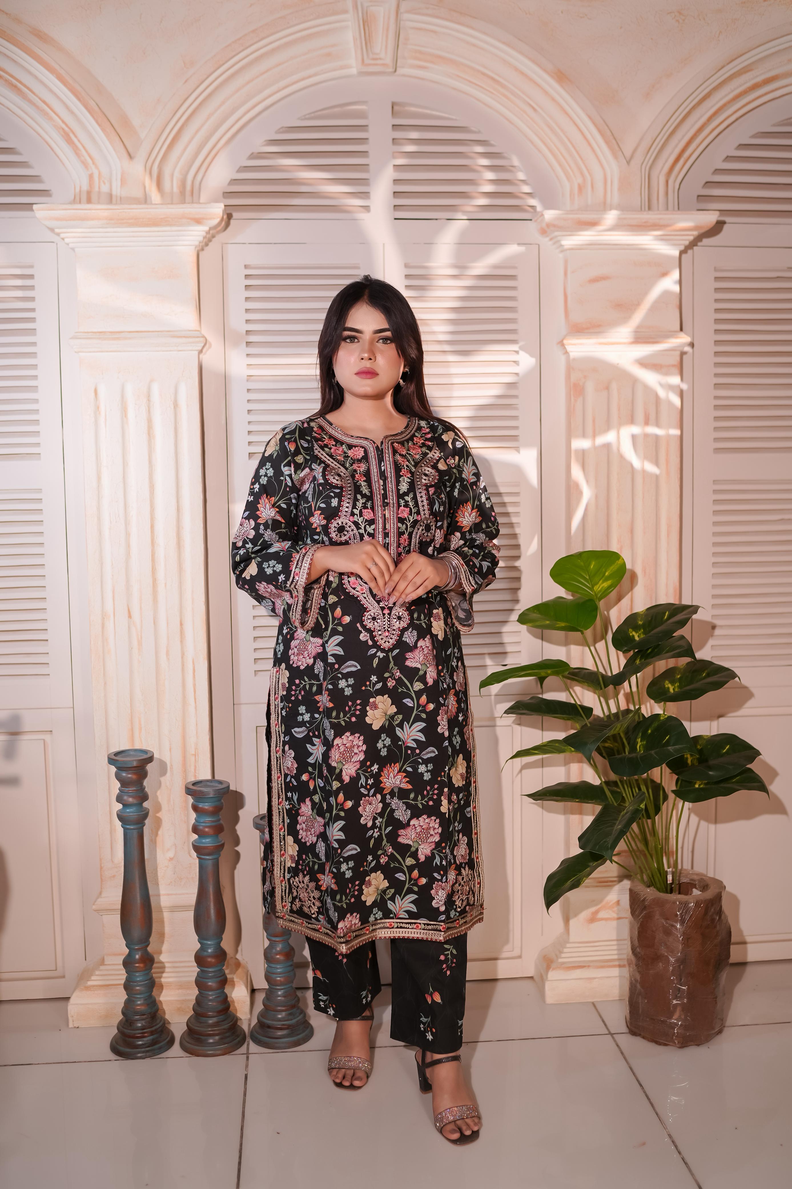 Black Embroidered Cambric 3 Piece Suit