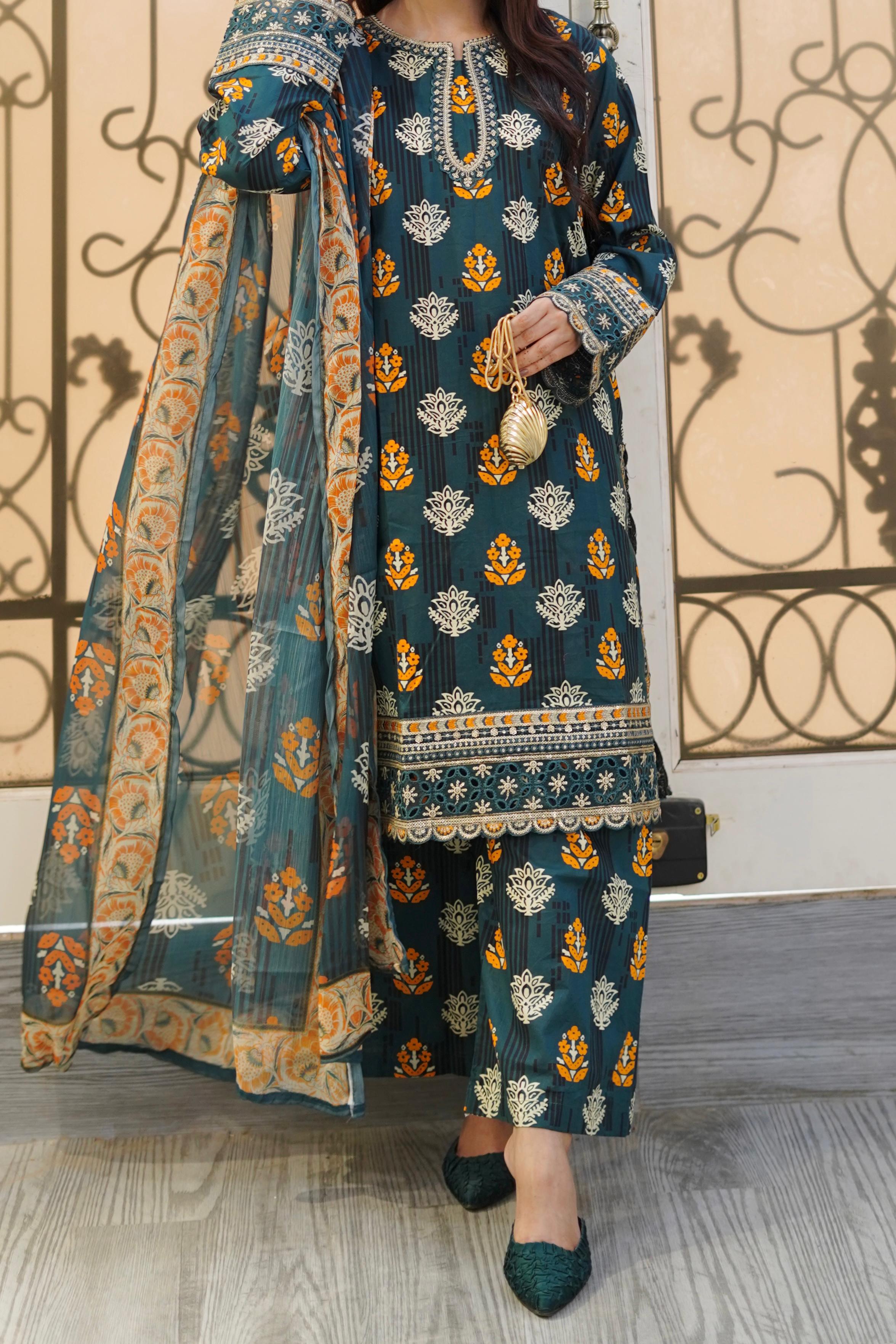 Embroidered Zinc Green Lawn Suit with Printed Chiffon Dupatta – 3 Piece