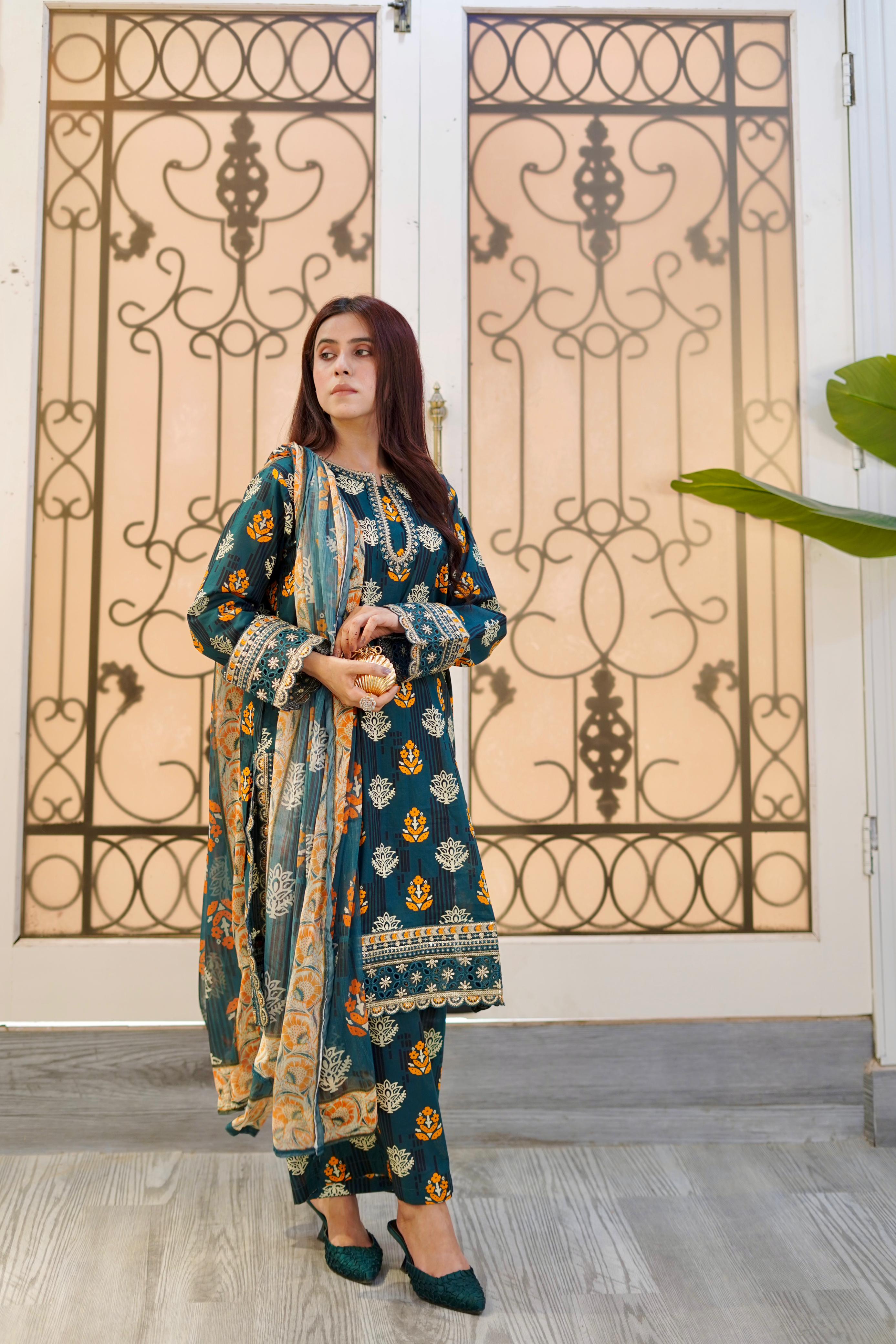 Embroidered Zinc Green Lawn Suit with Printed Chiffon Dupatta – 3 Piece