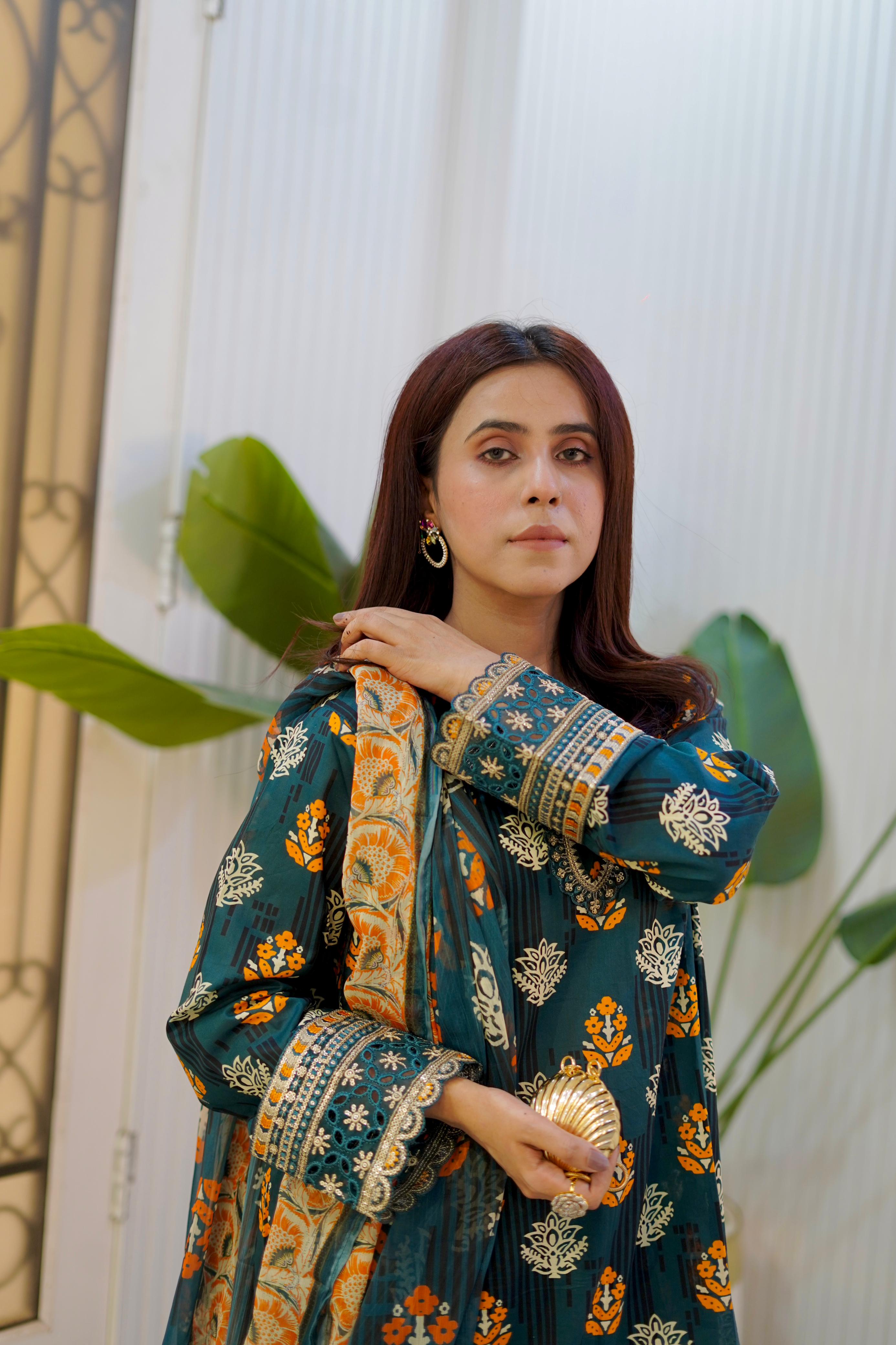 Embroidered Zinc Green Lawn Suit with Printed Chiffon Dupatta – 3 Piece
