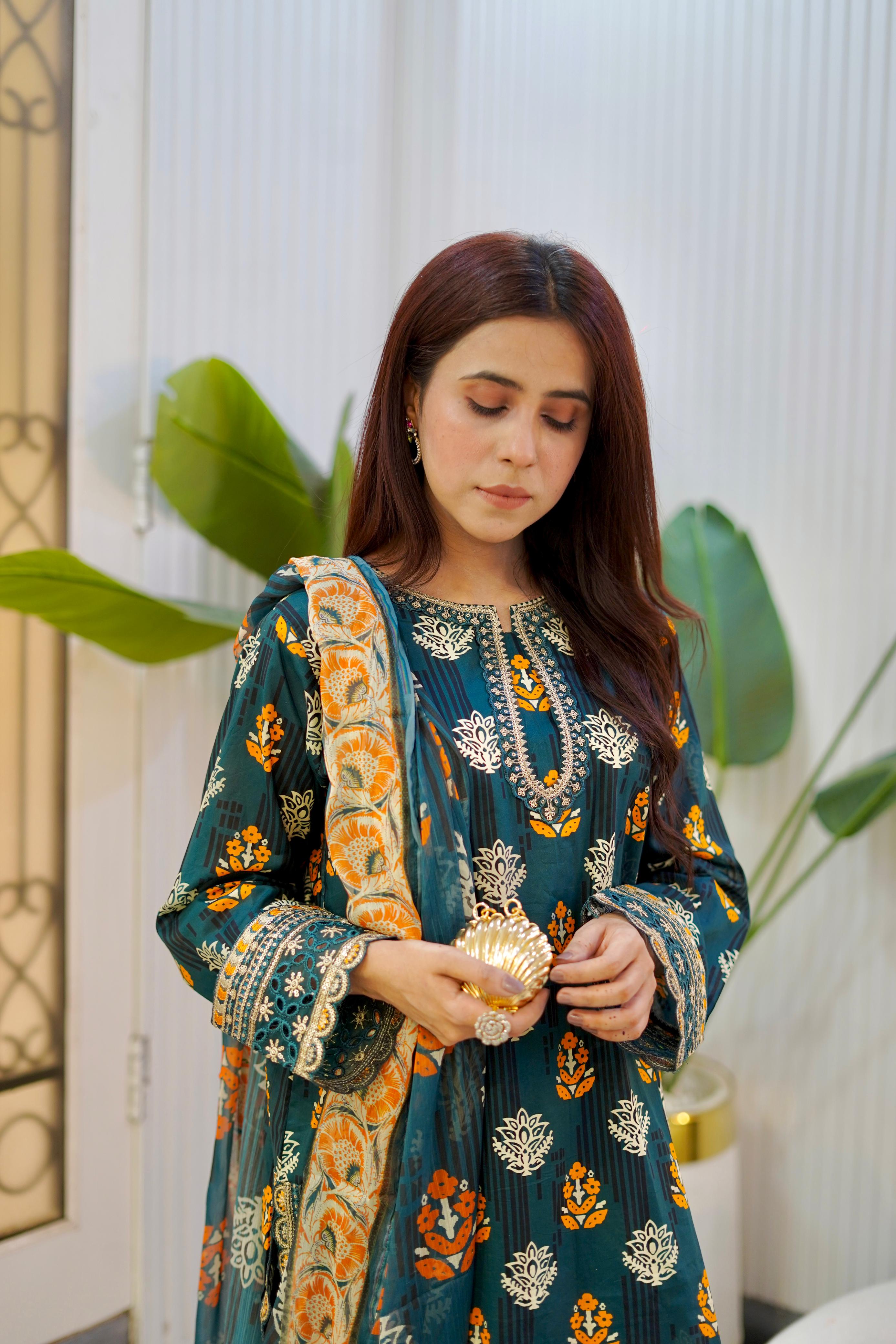 Embroidered Zinc Green Lawn Suit with Printed Chiffon Dupatta – 3 Piece