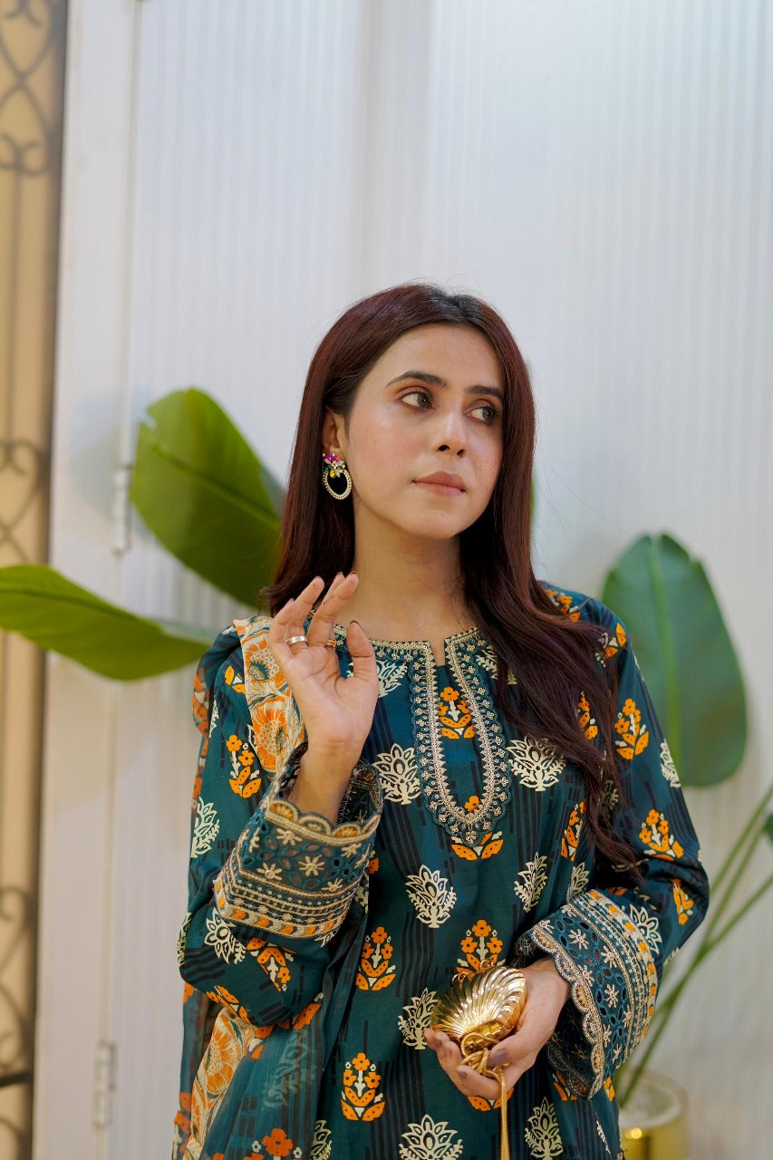 Embroidered Zinc Green Lawn Suit with Printed Chiffon Dupatta – 3 Piece