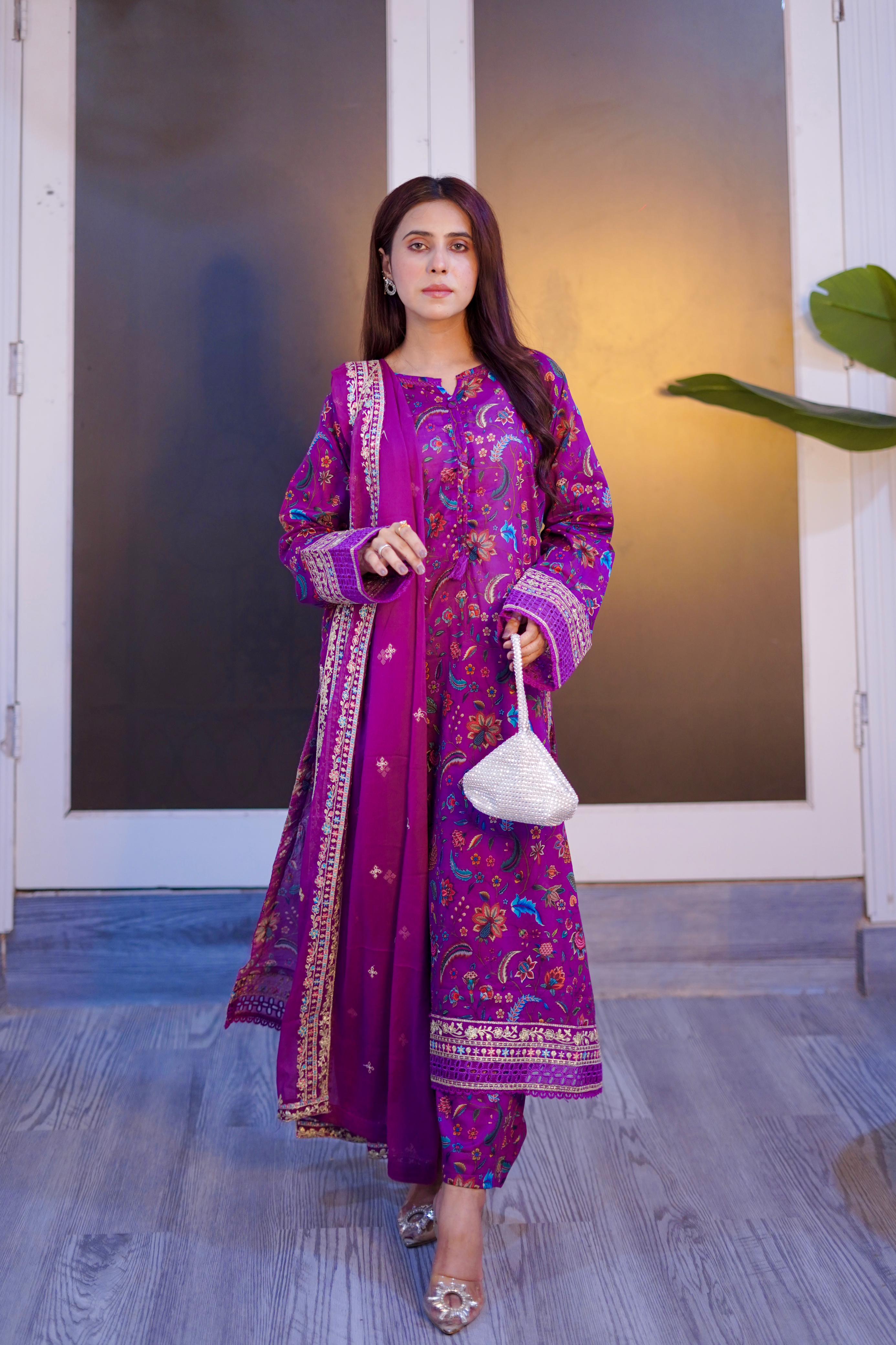 Embroidered Lawn Suit with Chiffon Embroidered Dupatta – 3 Piece