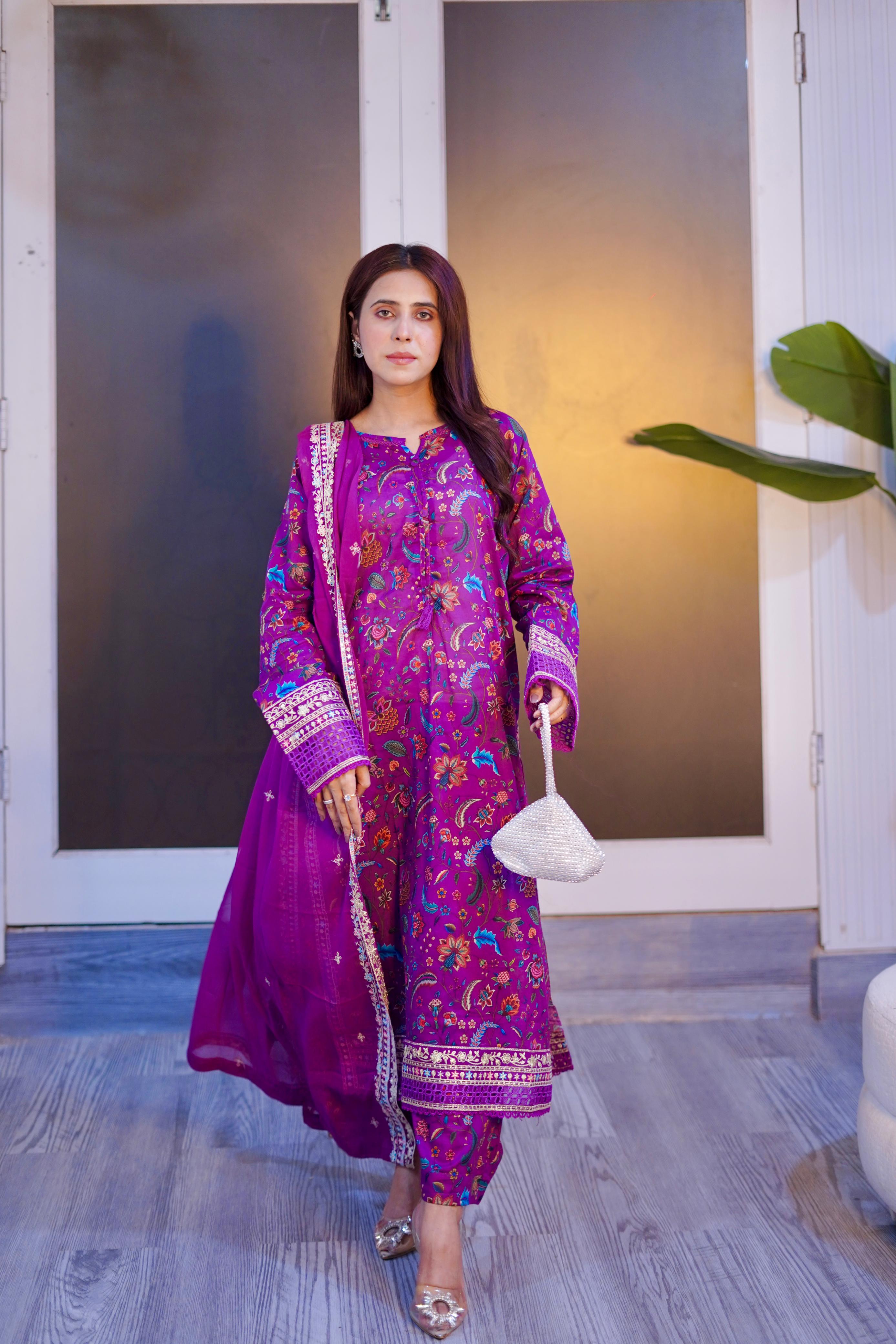 Embroidered Lawn Suit with Chiffon Embroidered Dupatta – 3 Piece