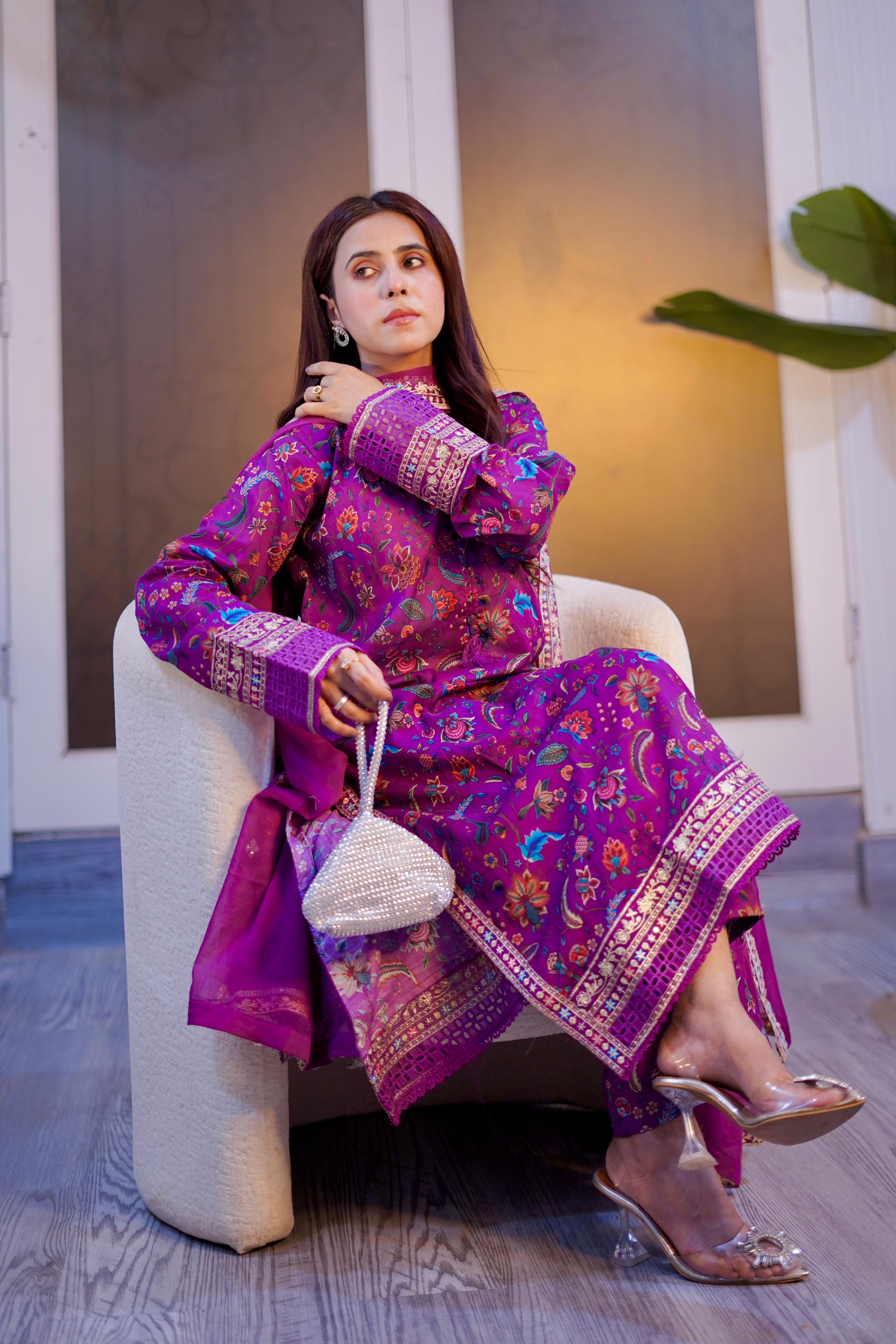 Embroidered Lawn Suit with Chiffon Embroidered Dupatta – 3 Piece