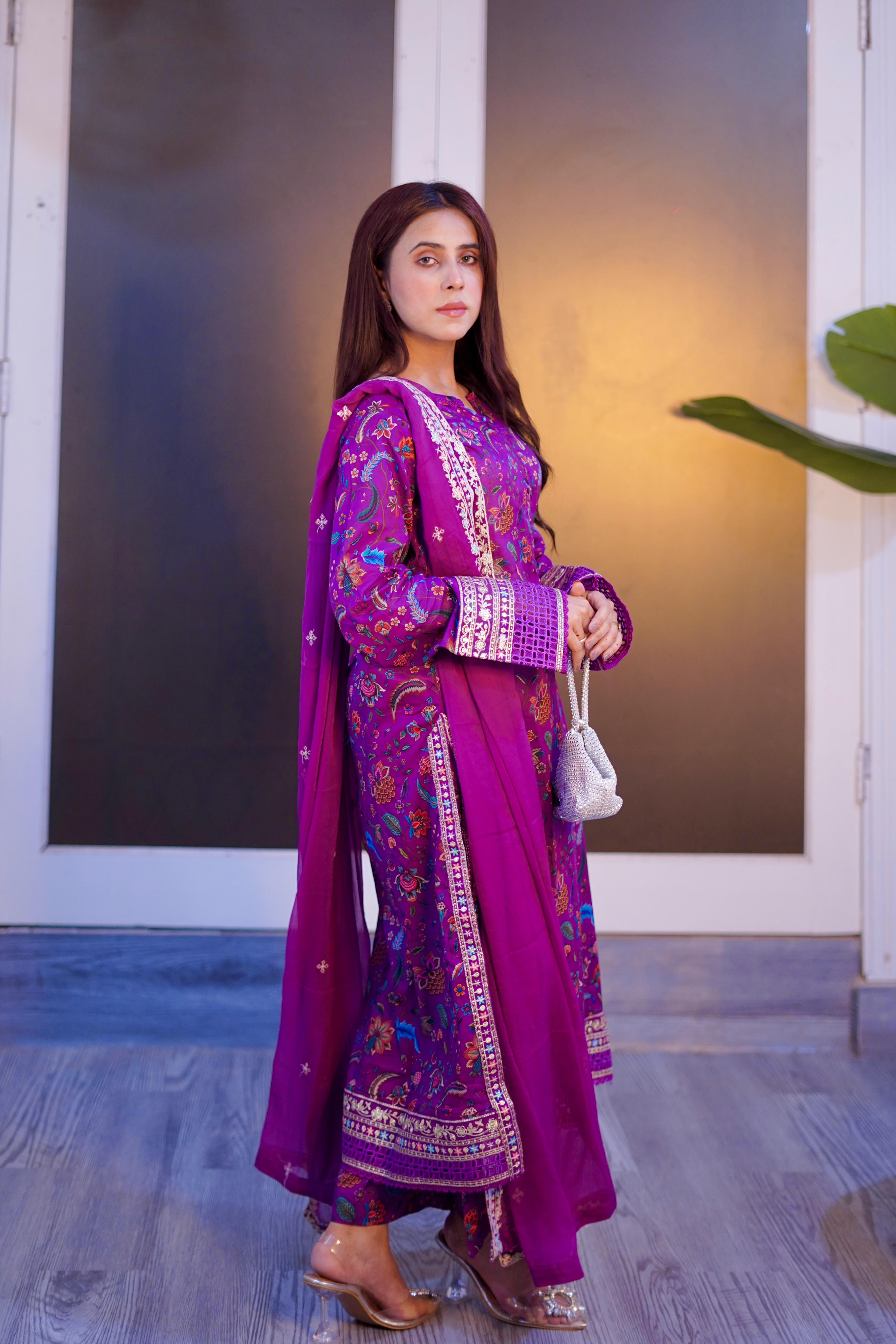 Embroidered Lawn Suit with Chiffon Embroidered Dupatta – 3 Piece