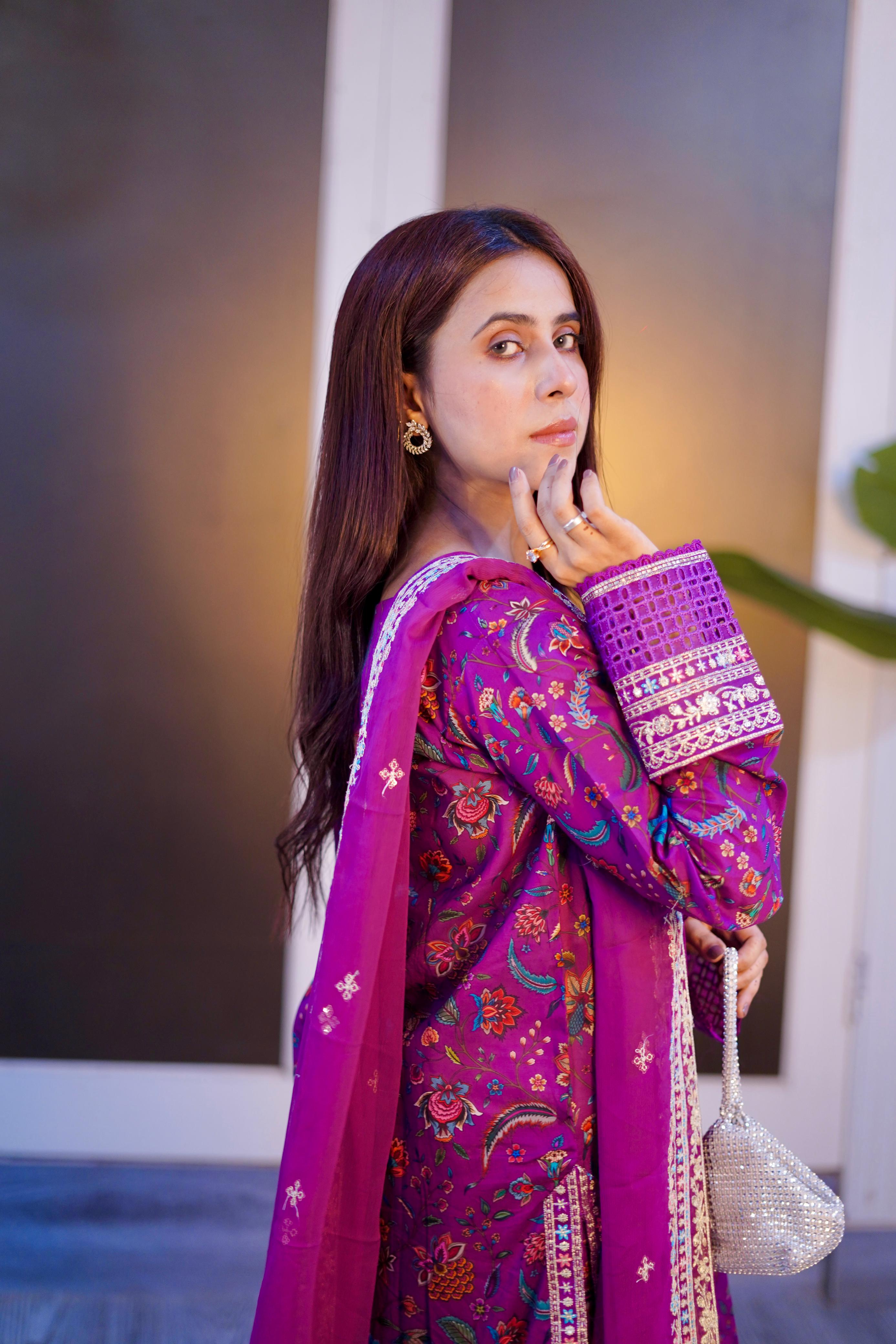 Embroidered Lawn Suit with Chiffon Embroidered Dupatta – 3 Piece