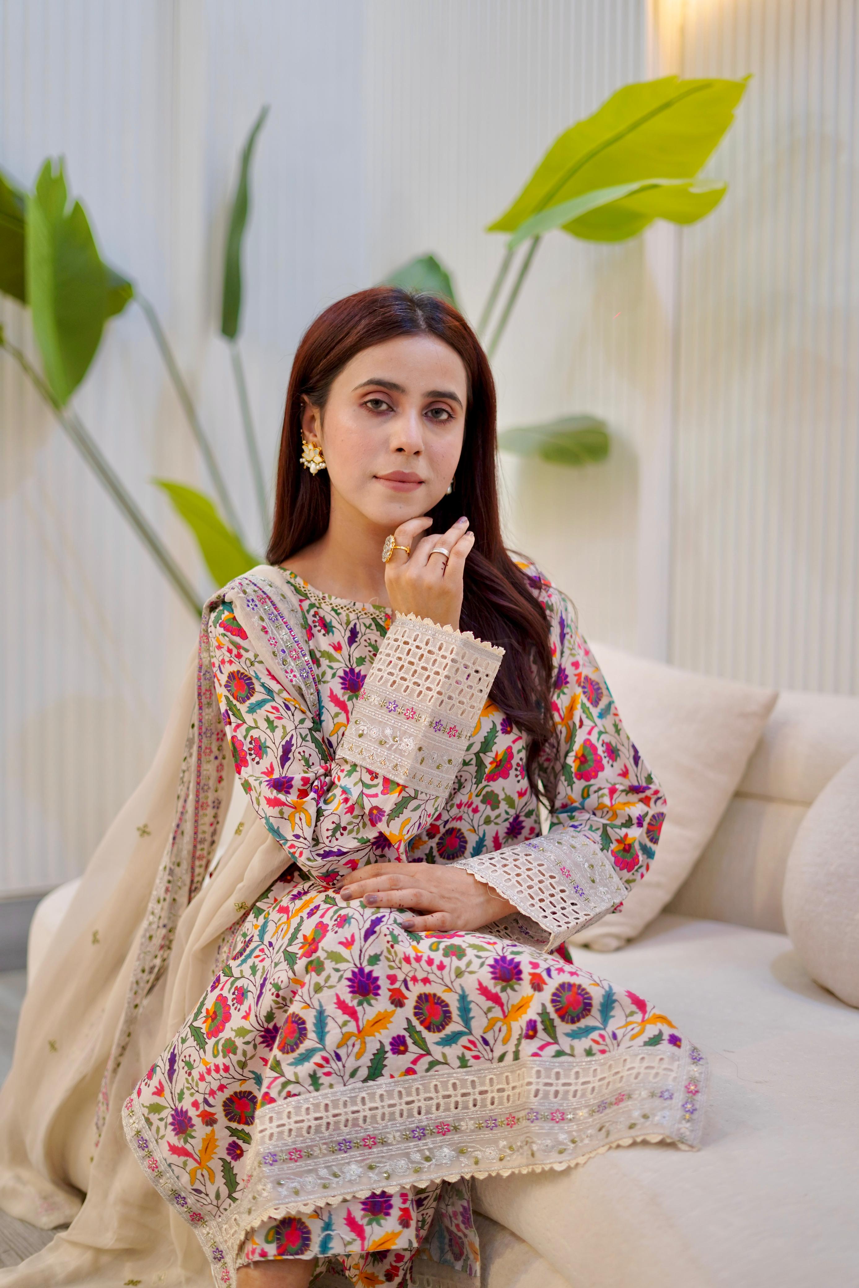 Embroidered Lawn Suit with Chiffon Embroidered Dupatta – 3 Piece