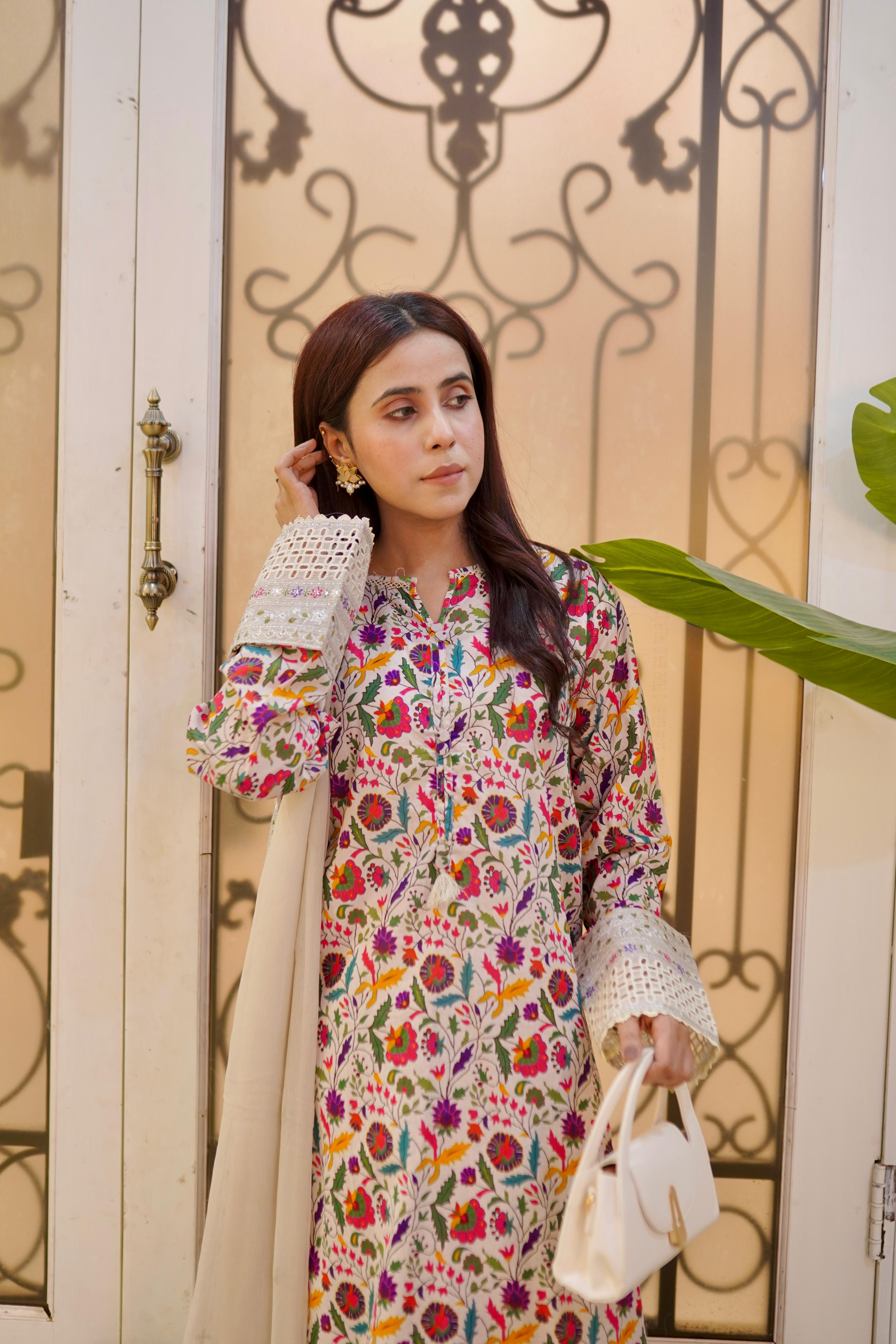Embroidered Lawn Suit with Chiffon Embroidered Dupatta – 3 Piece