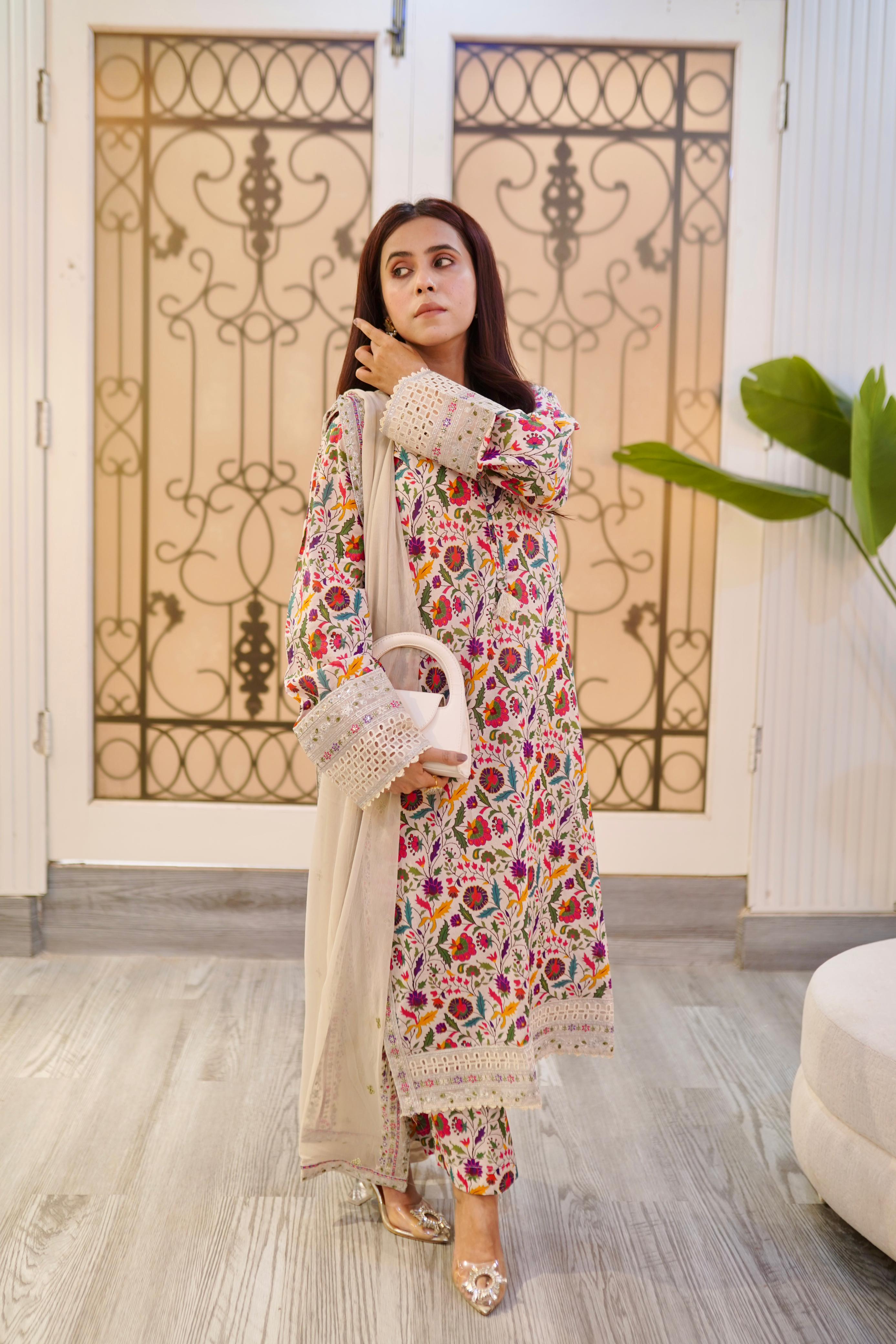 Embroidered Lawn Suit with Chiffon Embroidered Dupatta – 3 Piece