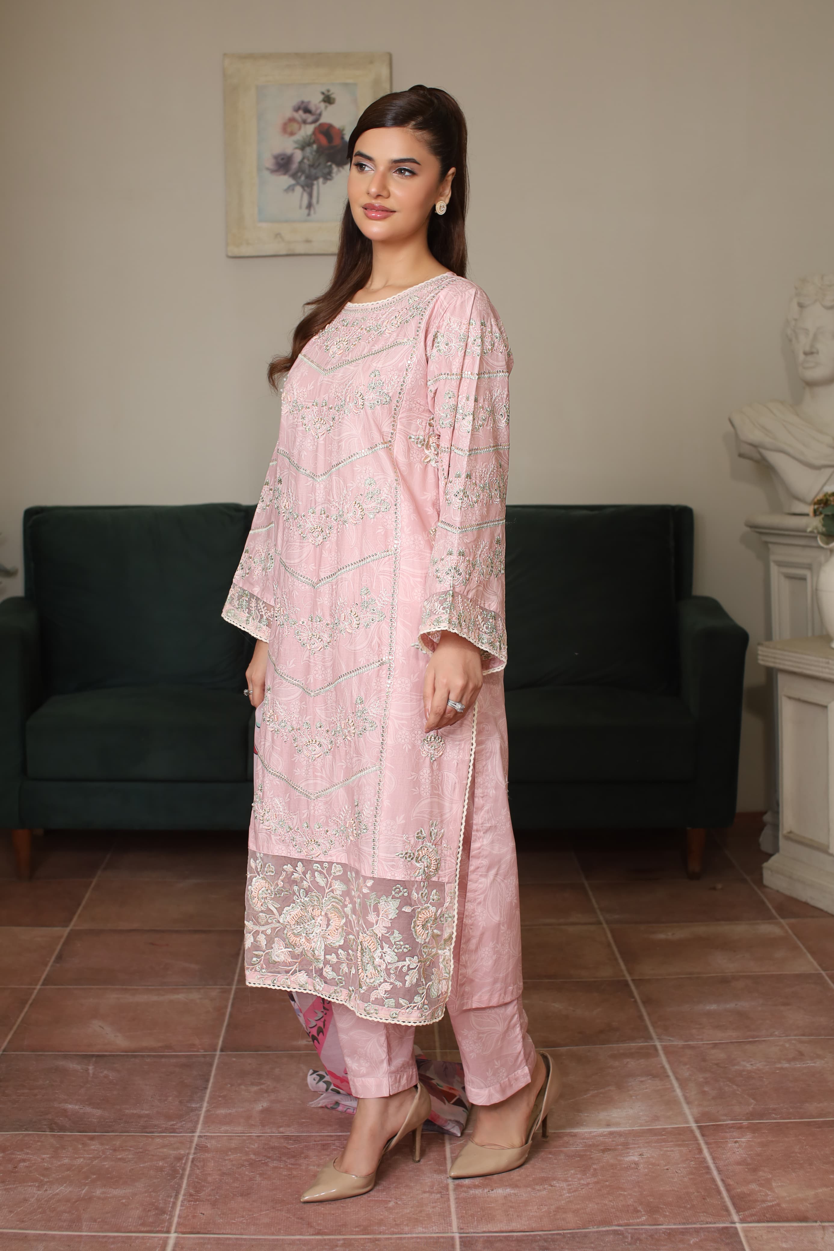 Pastel Pink Cotton Embroidered 3-Piece Suit with Manaar Dupatta