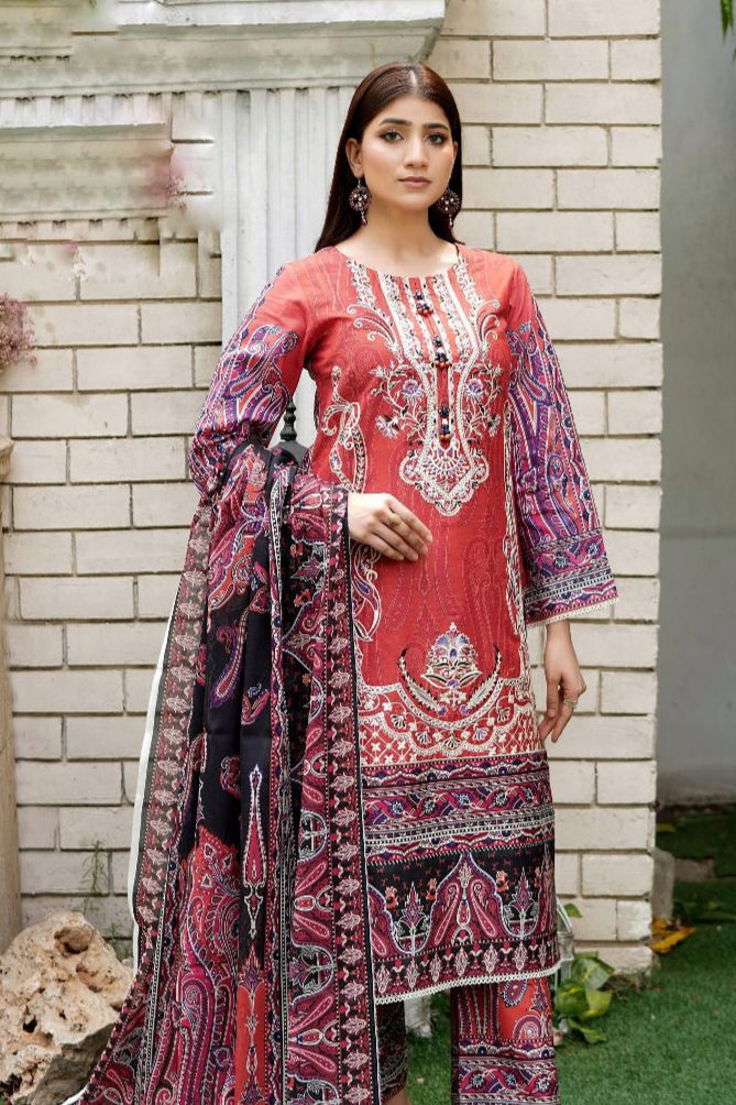 Brown Embroidered Lawn 3Pc Suit with Soft Trouser & Digital Print Dupatta - Silk Rang