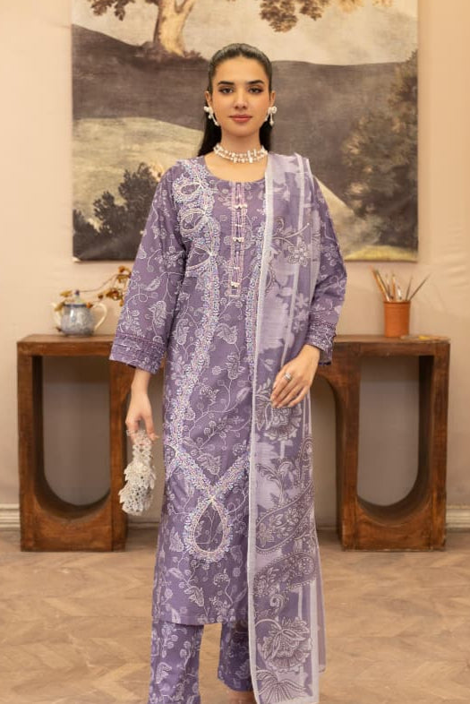 Pastel Purple Embroidered Khaddar 3Pc Suit with Long Shirt, Soft Manaar Dupatta & Trouser - Silk Rang