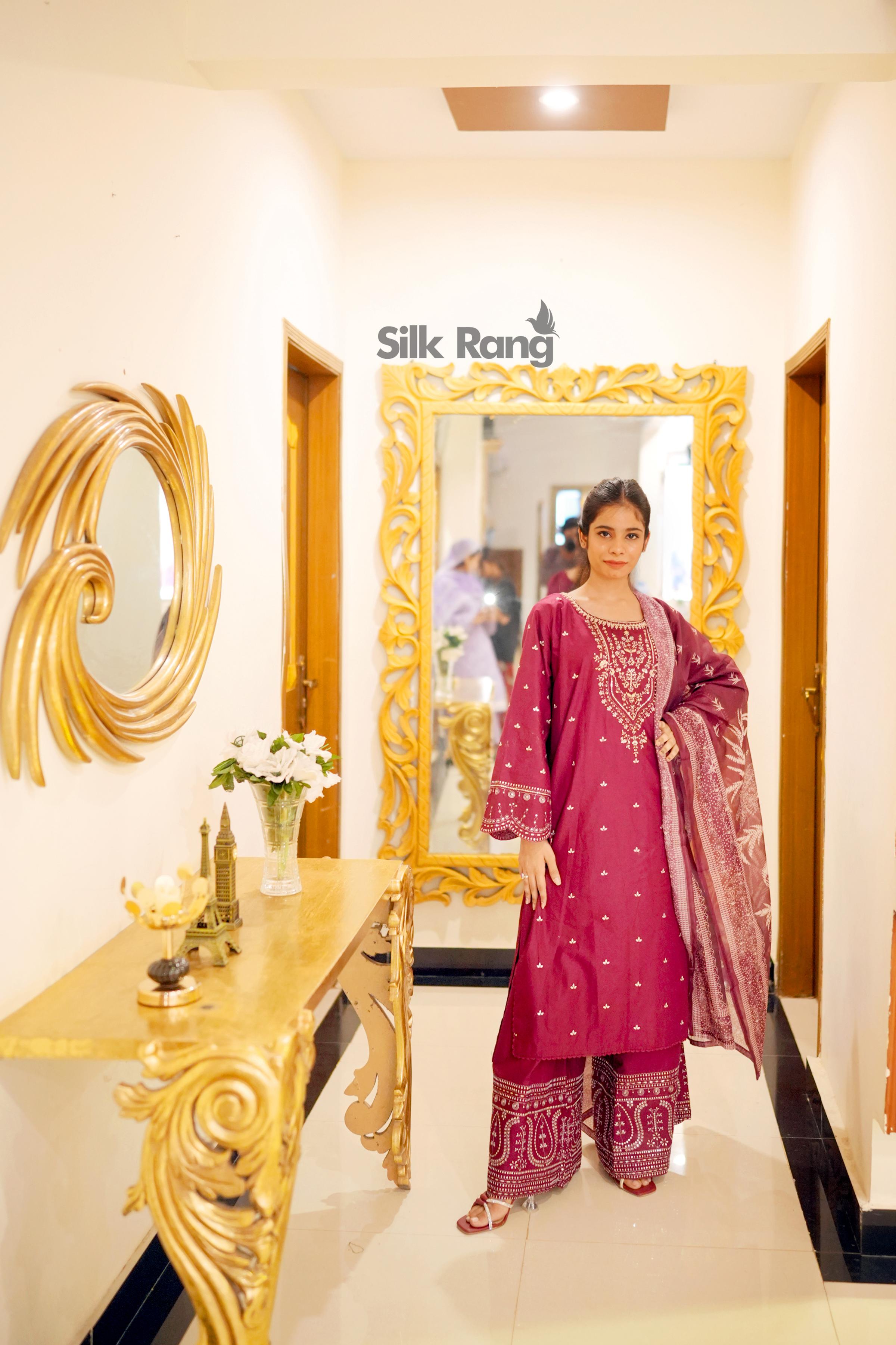 Premium Maroon Winter Cotton 3Pc Suit with Embroidered Shirt, Palazzo & Soft Manaar Dupatta - Silk Rang