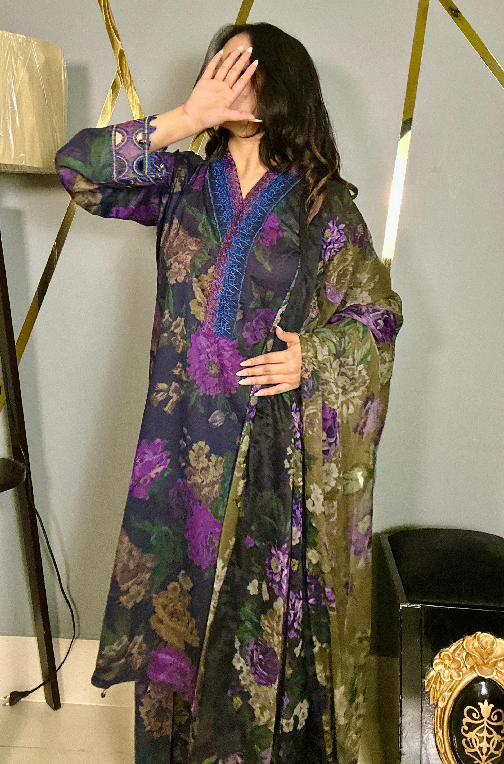 Deep Violet Floral Embroidered 3-Piece Suit with Chiffon Printed Dupatta