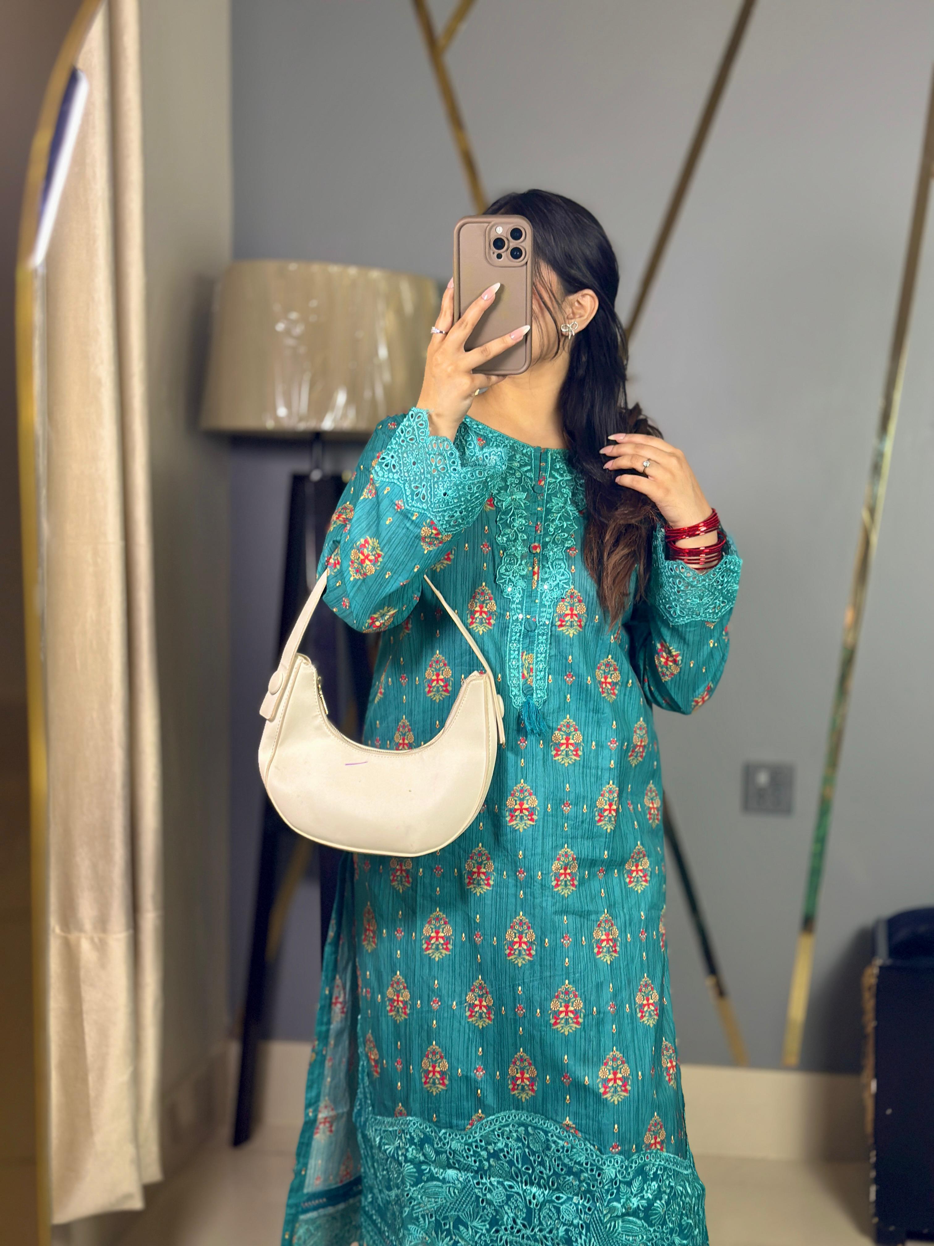 Teal Blue Luxury Lawn Cotton Co-Ord Set with Embroidery & Tassel Detailing
