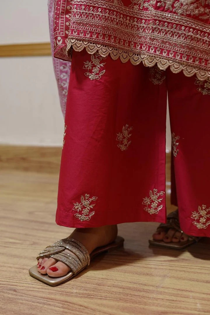 3 Piece Luxury Embroidered Cambric Rose Pink Suit