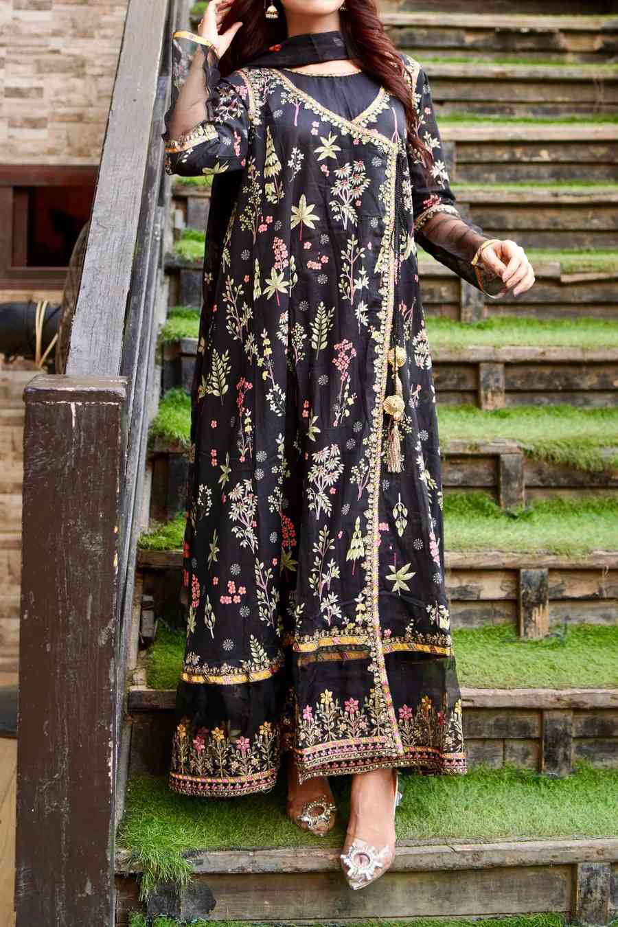 Embroidered Lawn Frock 3Pc with Angrakha Style, Fancy Dori & Soft Lawn dupata