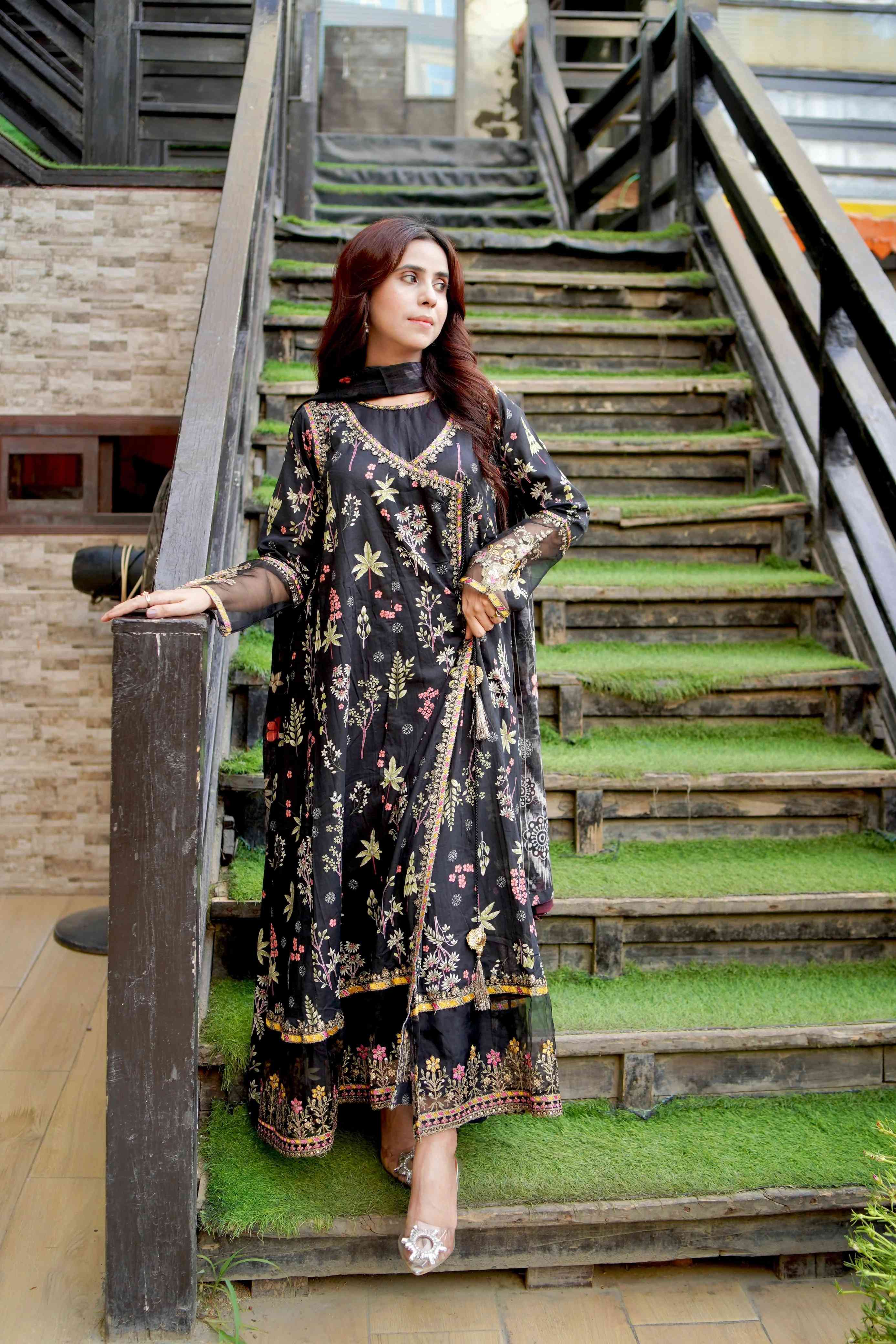 Embroidered Lawn Frock 3Pc with Angrakha Style, Fancy Dori & Soft Lawn dupata
