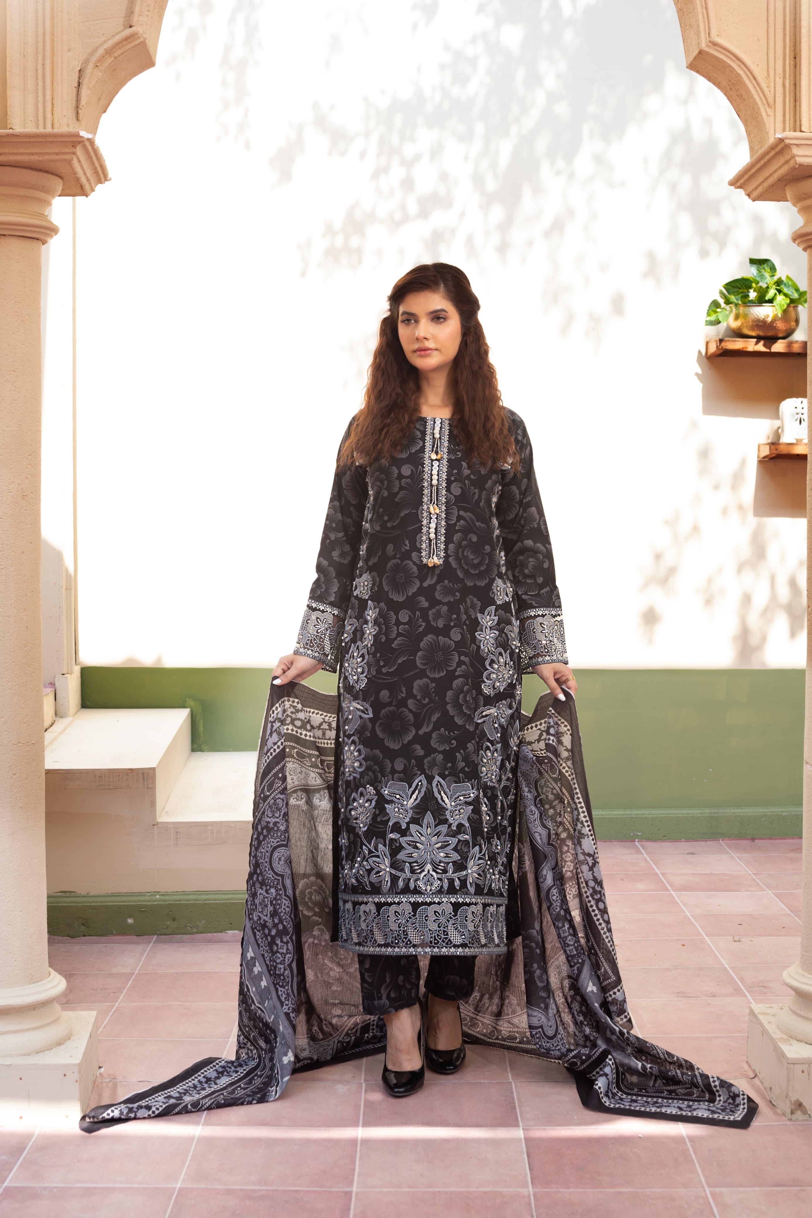 Black Embroidered Cambric with Handworked Neck, Ethnic Printed Dupatta & Loose Trouser