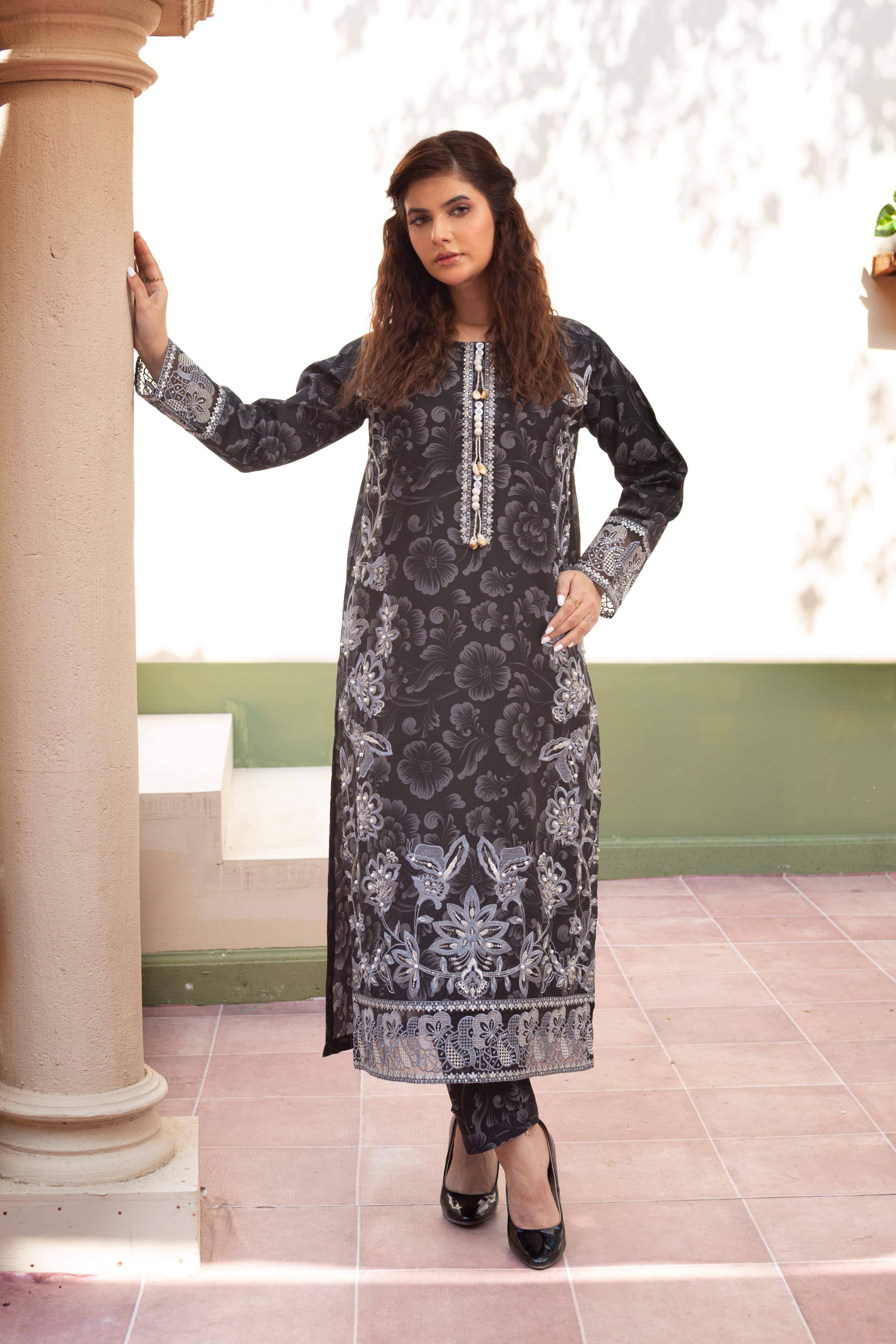 Black Embroidered Cambric with Handworked Neck, Ethnic Printed Dupatta & Loose Trouser