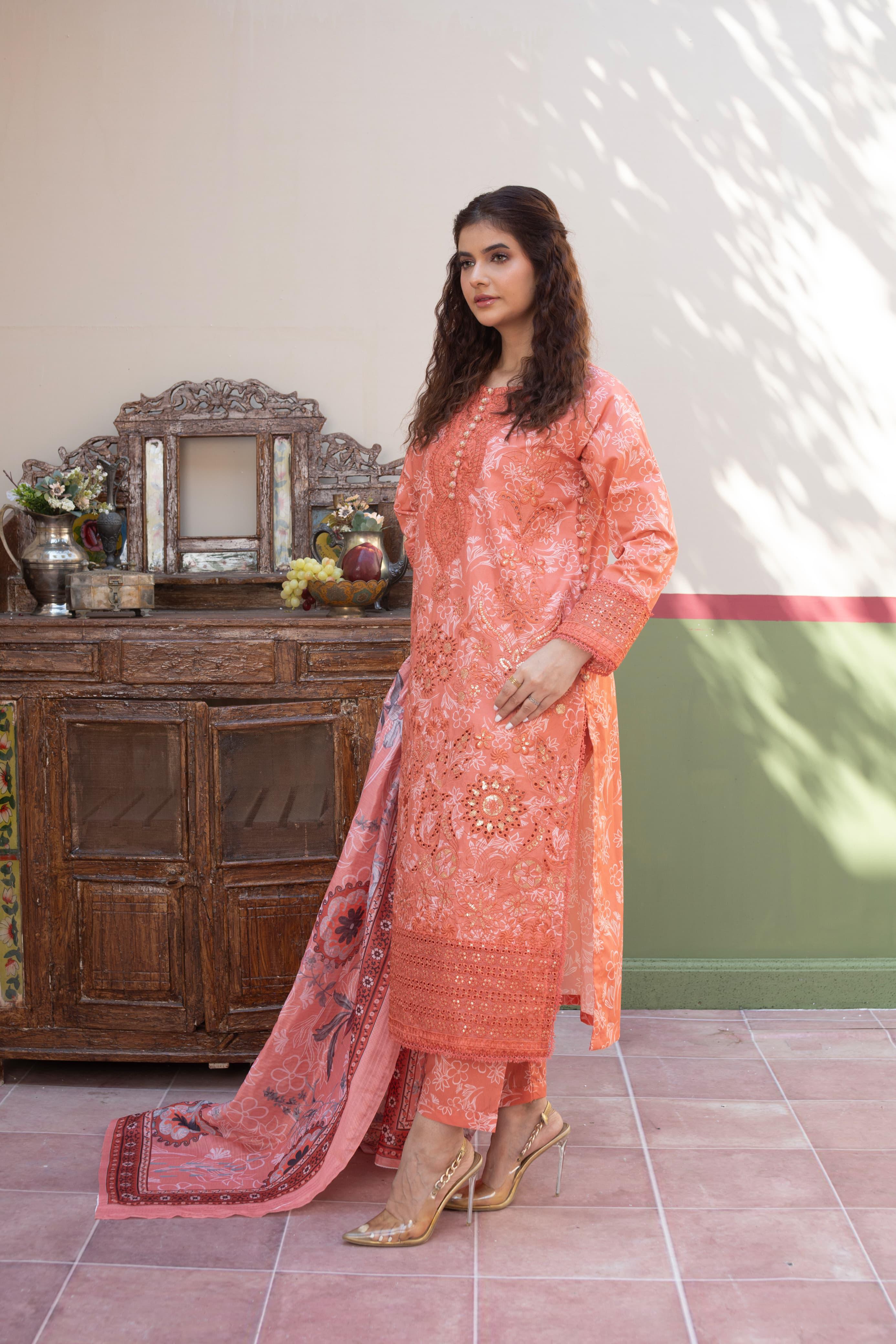 3 Piece Luxury Embroidered Cambric Coral Pink Suit