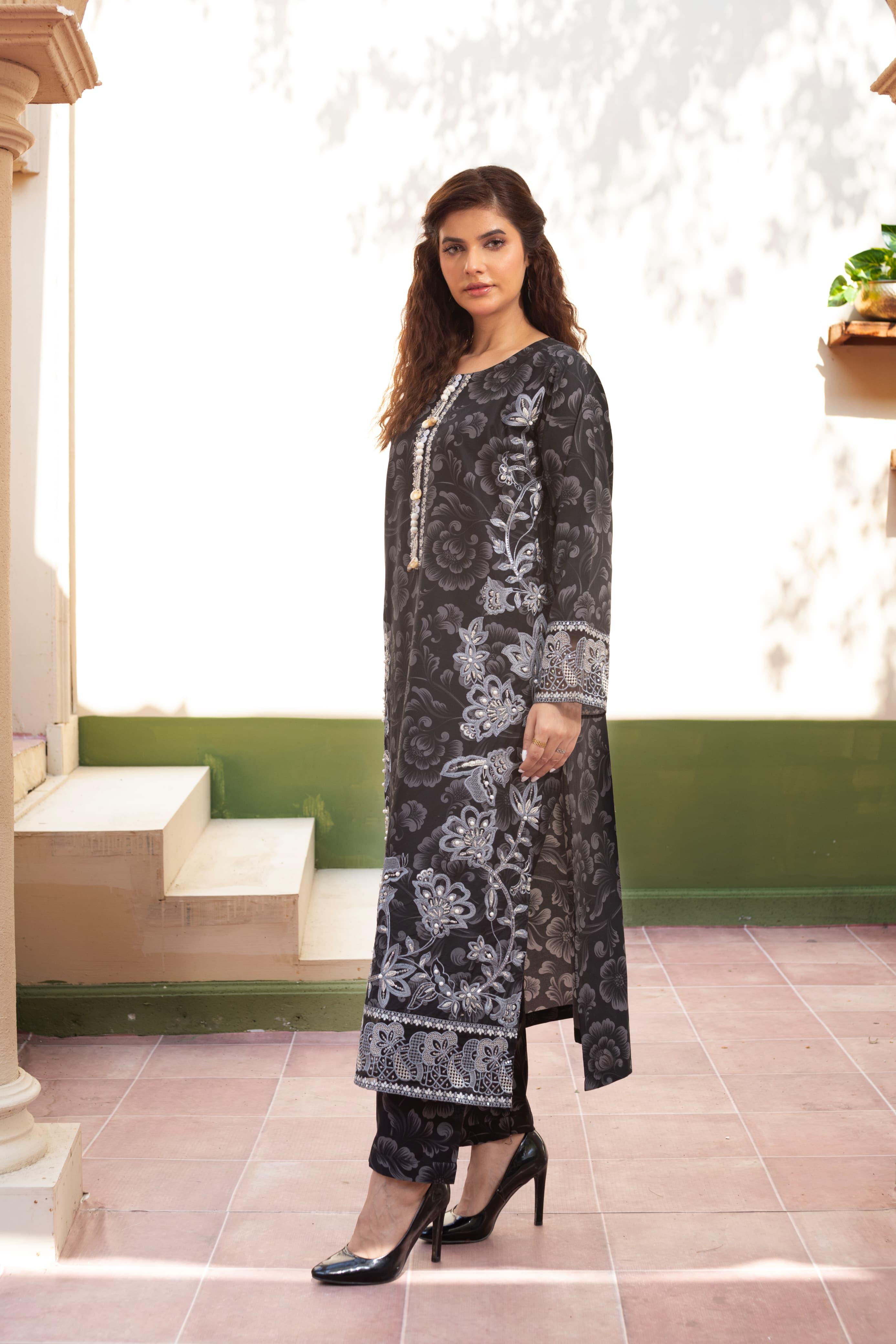 Black Embroidered Cambric with Handworked Neck, Ethnic Printed Dupatta & Loose Trouser