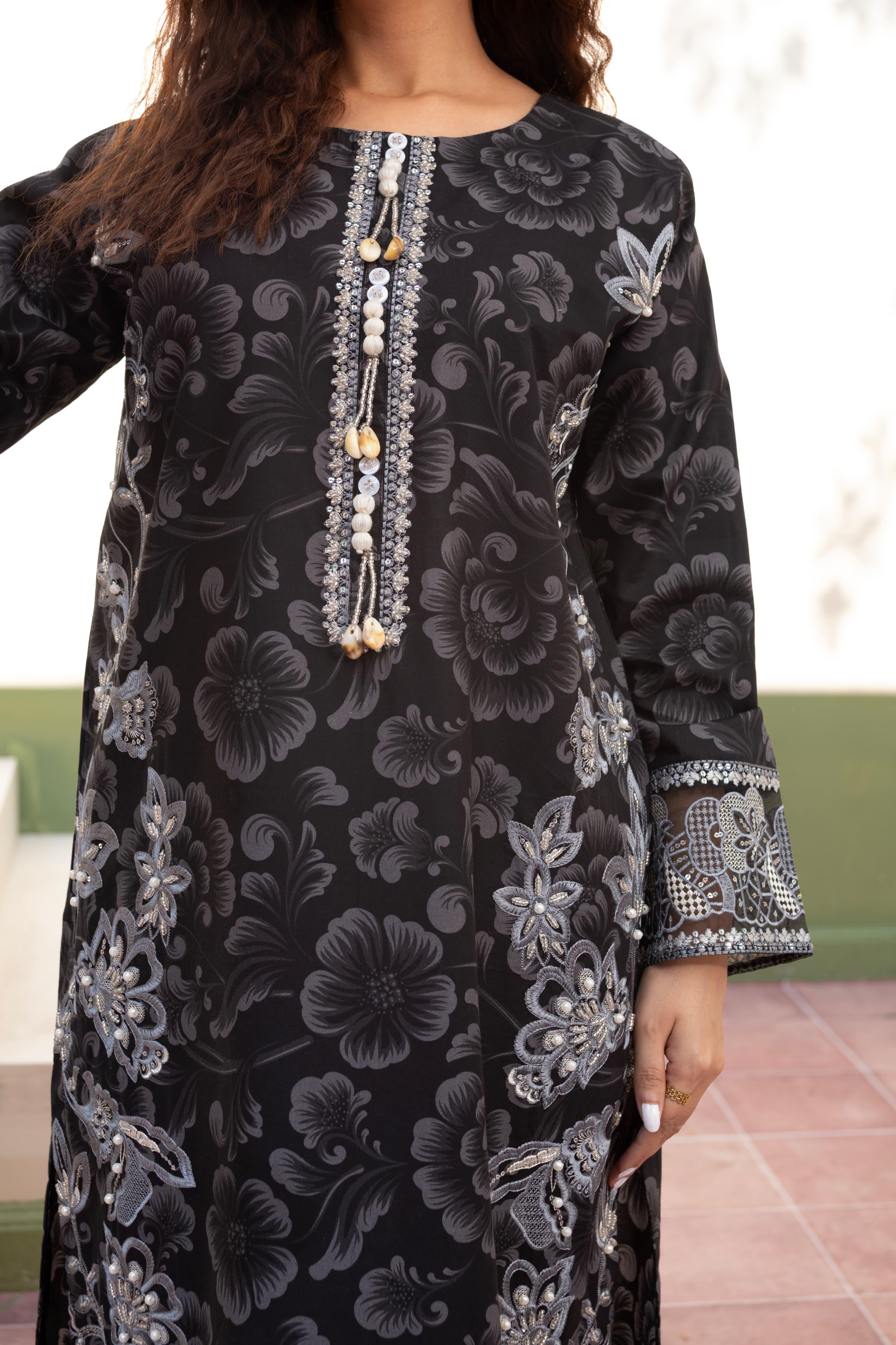 Black Embroidered Cambric with Handworked Neck, Ethnic Printed Dupatta & Loose Trouser