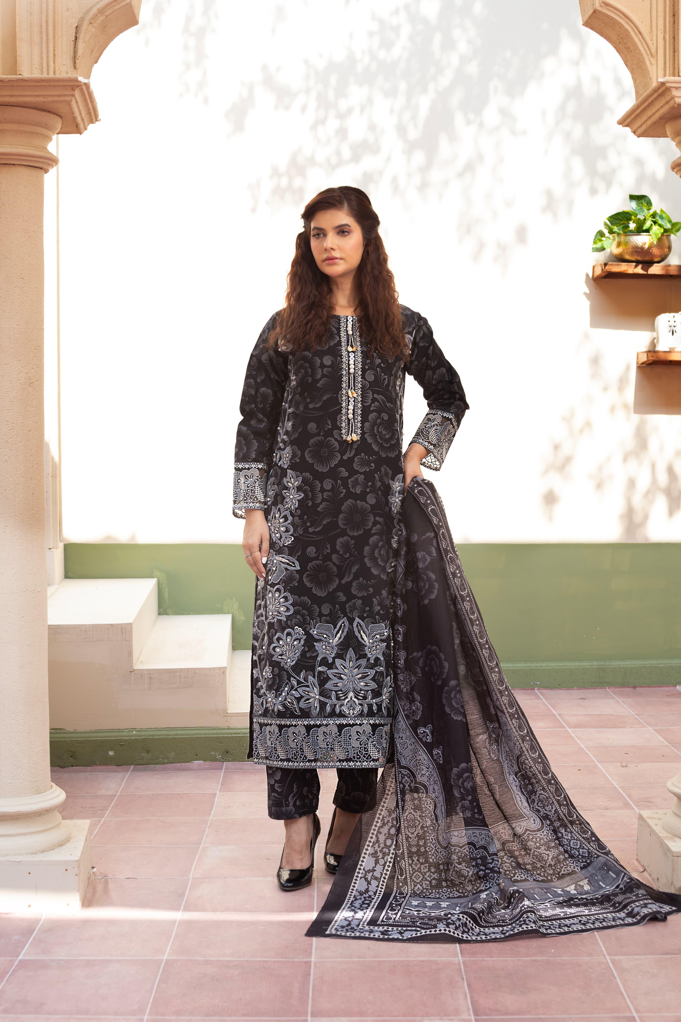 Black Embroidered Cambric with Handworked Neck, Ethnic Printed Dupatta & Loose Trouser